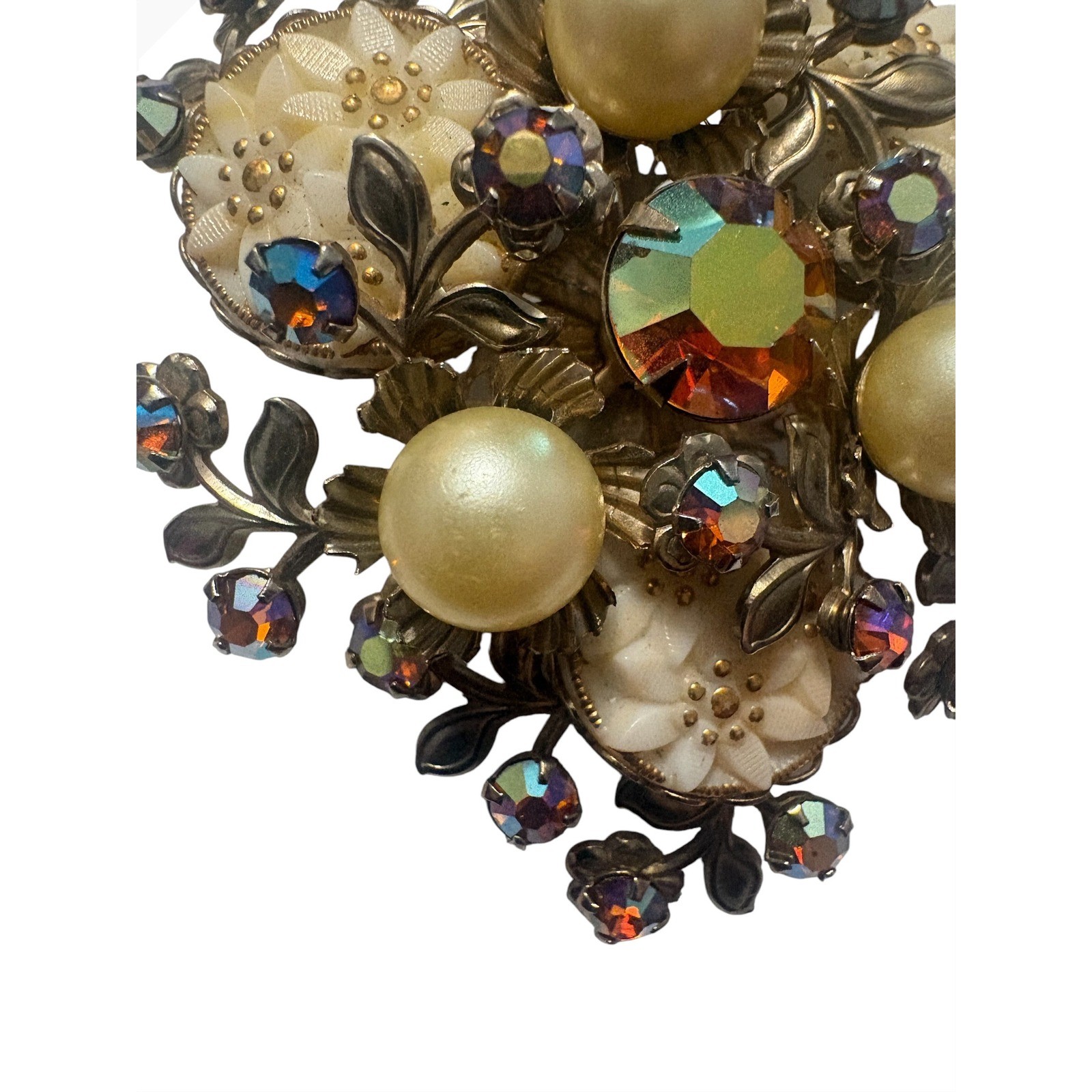 Vintage Aurora Borealis Rhinestone Faux Pearl Carved Flower Floral Brooch Pin