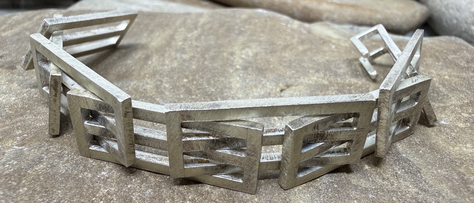 Mid Century Modernist Artisan Sterling Silver Rectangle Sculptural Bracelet 6″