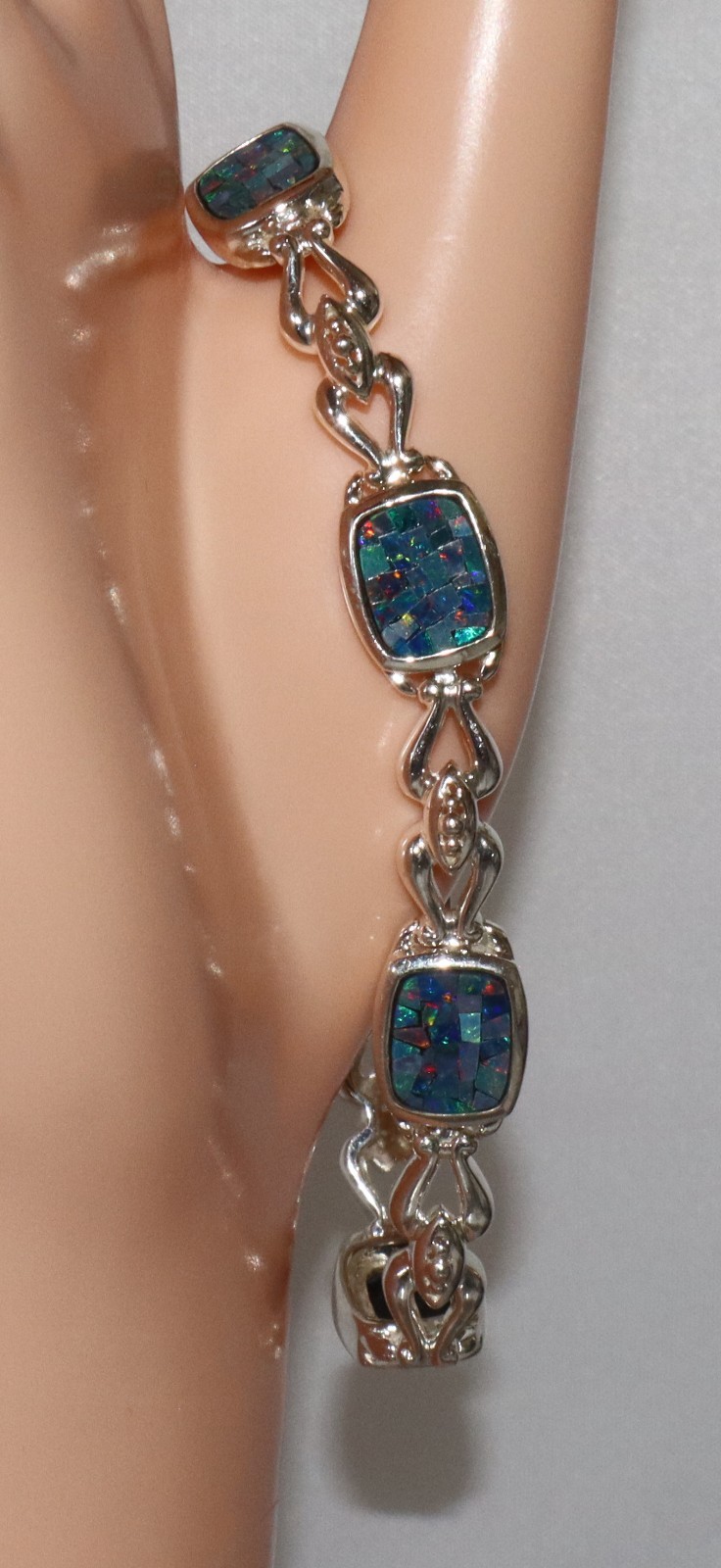 Vintage Sterling Silver Mosaic Opal Gem Inlay Link Michelle Albala Bracelet 7.5