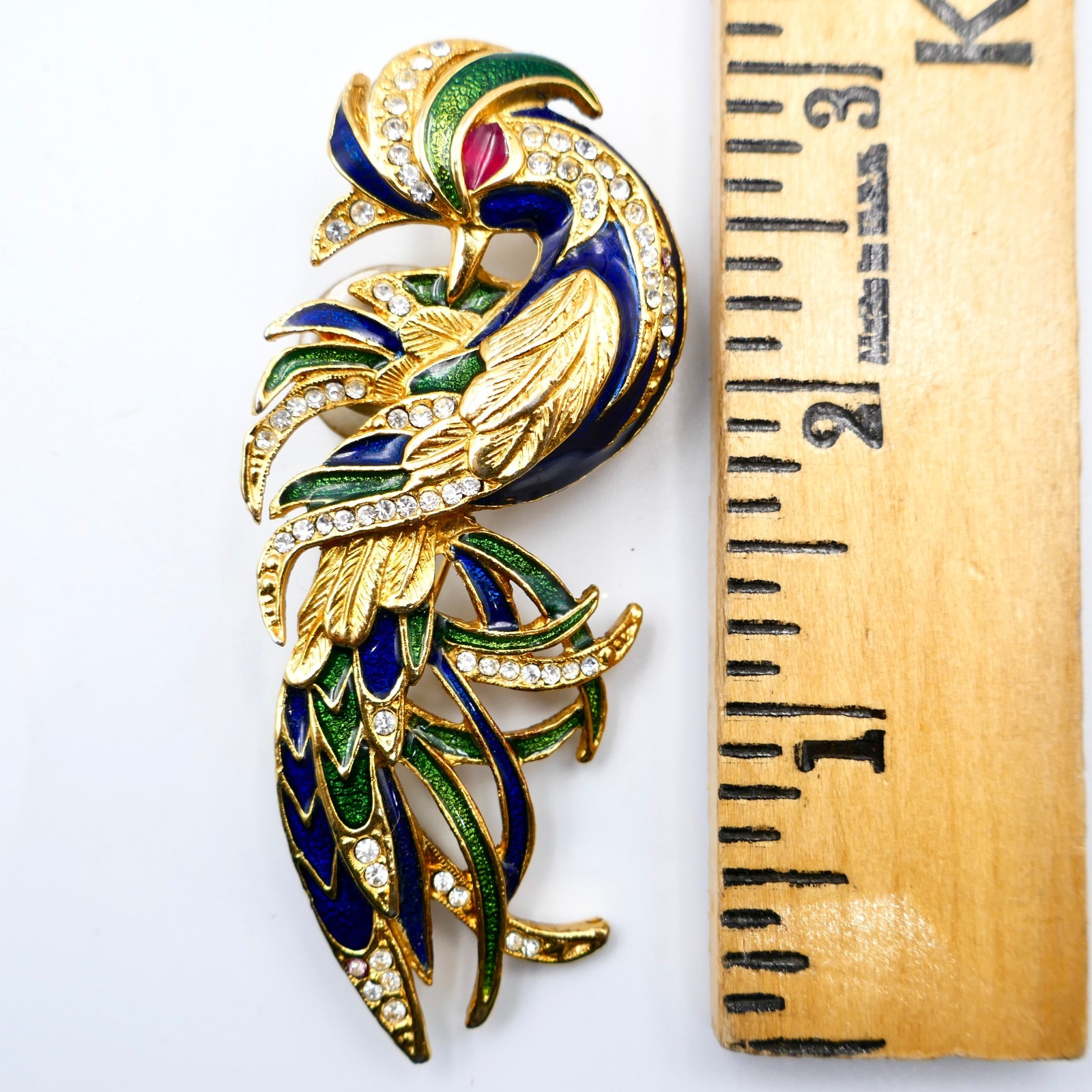 Sphinx Bird of Paradise Pin Brooch 3″ Enamel Rhinestone England Vintage