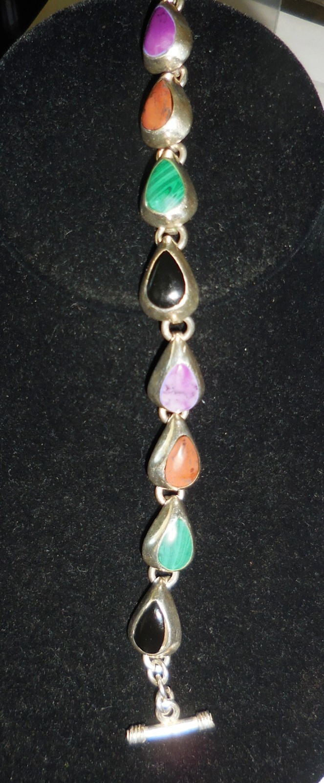 VINTAGE GEODE STERLING SILVER BRACELET BEAUTIFUL COLORFUL STONES 31 GRAMS
