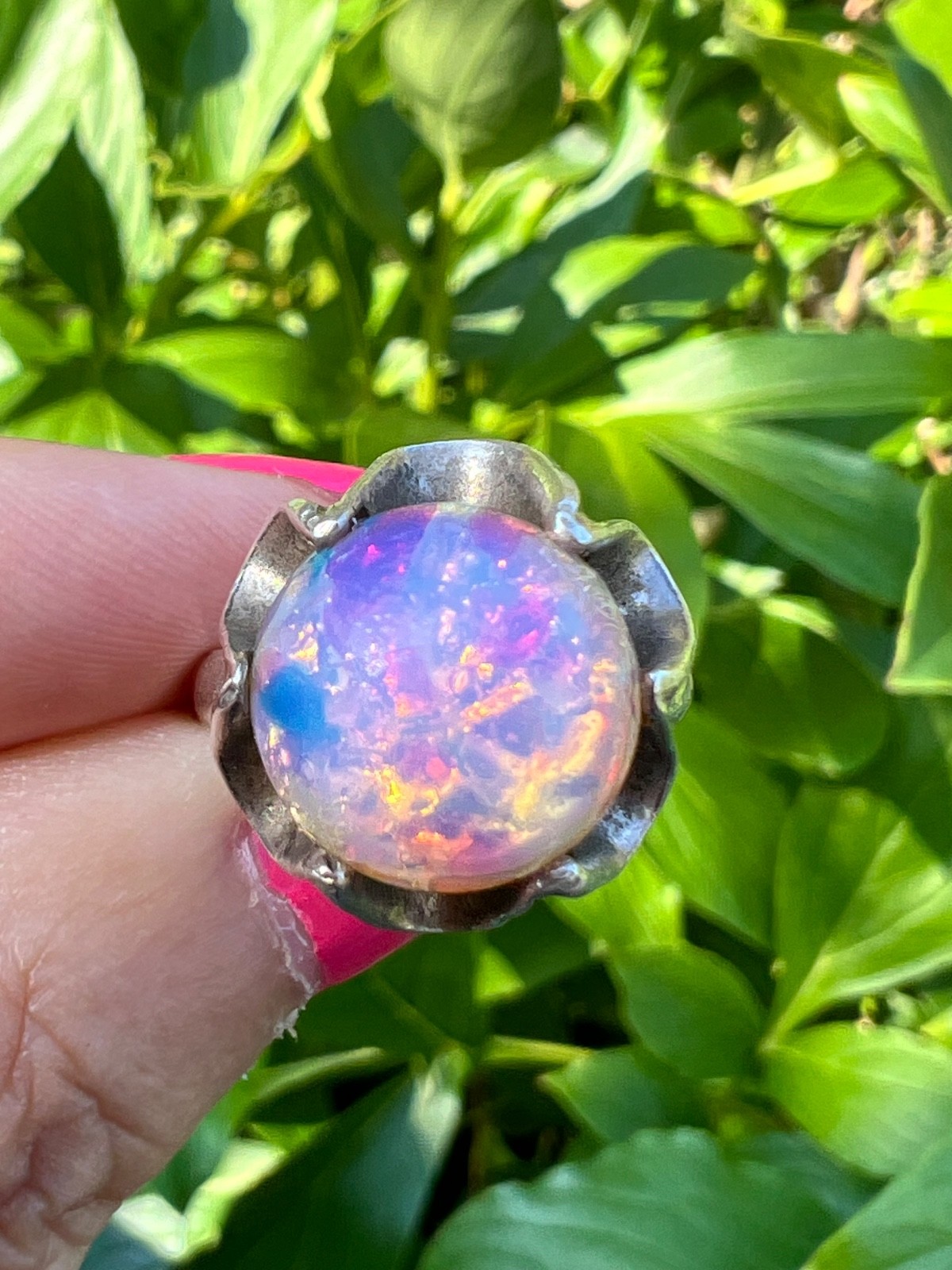 VINTAGE LARGE ROUND CABOCHON FAUX RAINBOW OPAL RING 925 STERLING SLVER MEXICO