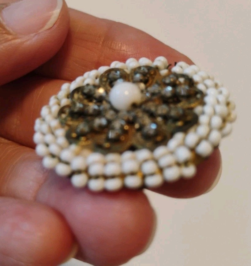 Vtg MIRIAM HASKELL BROOCH BAROQUE, Pearl/Rhinestones Signed, No Pin On Back