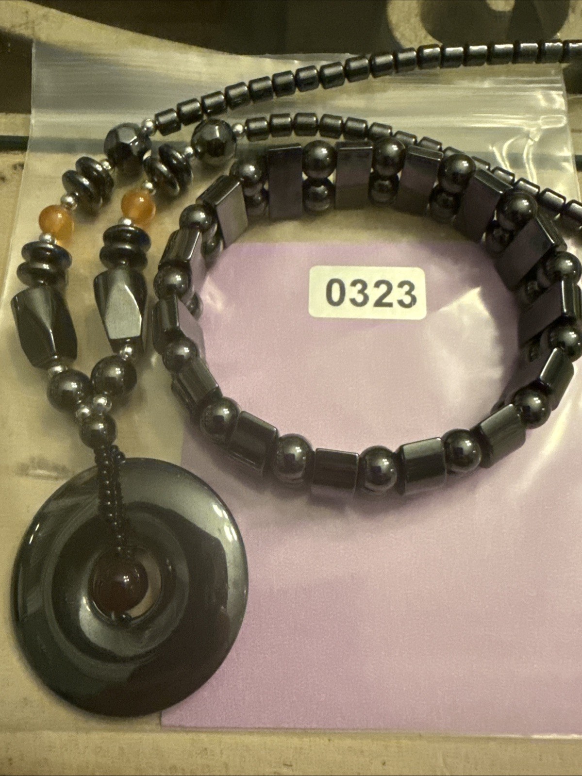 Vintage Hematite Necklace Stretch Bracelet Set Whimsigoth Barrel Clasp 17.5”