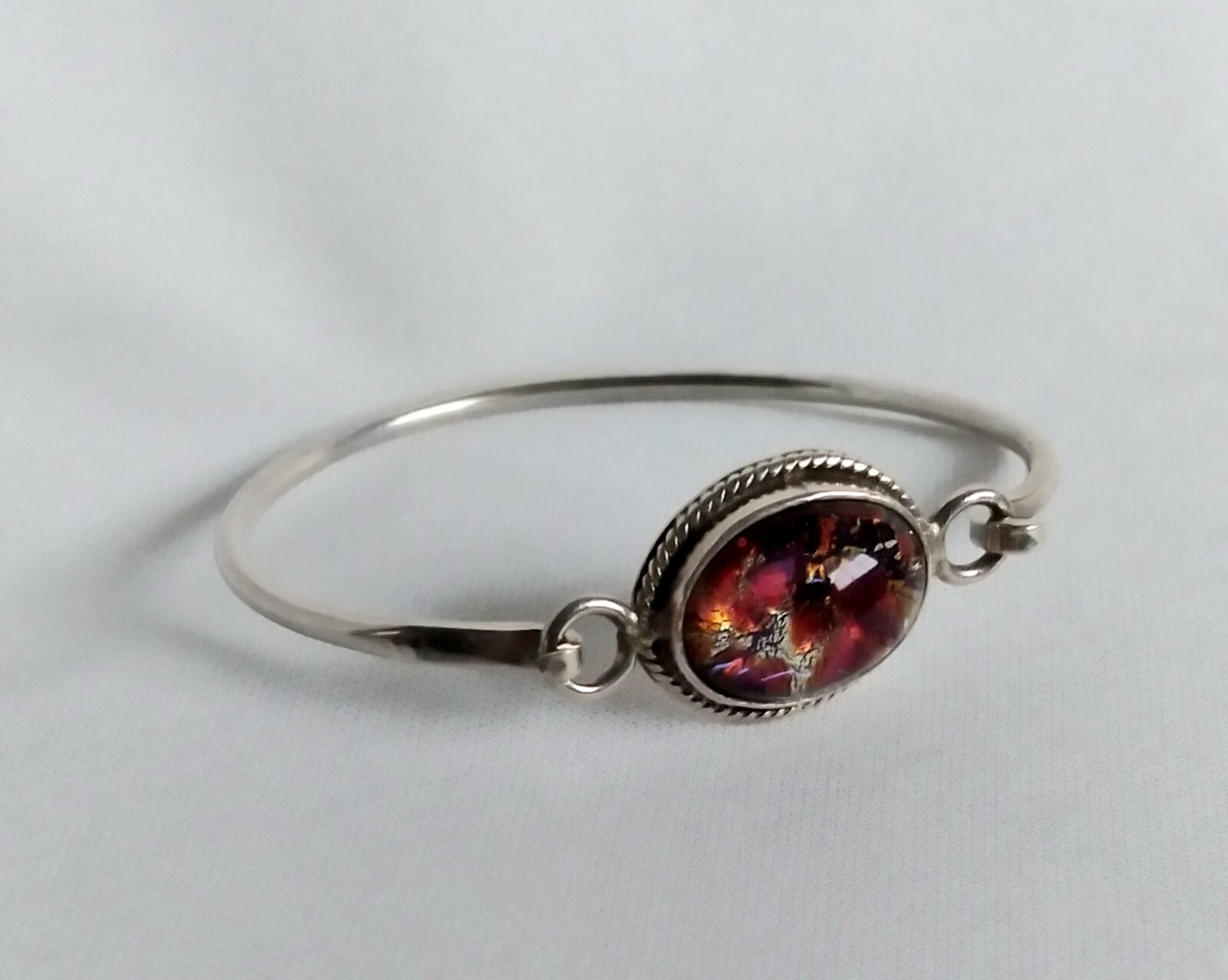 Vintage Mexico 925 Rope Accented Oval Diachroic Glass Tension Bangle Bracelet