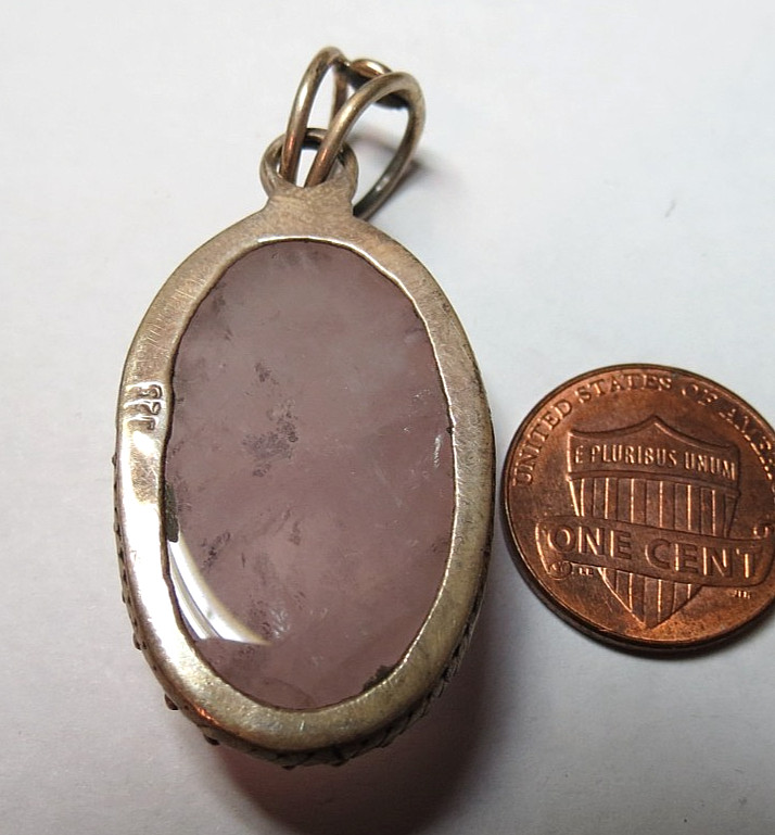 VINTAGE ROSE QUARTZ 925 STERLING SILVER PENDANT 40MM X 22MM WIDTH