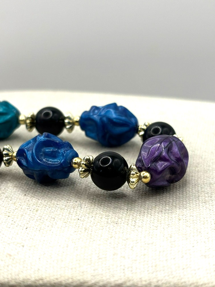 Vintage Purple Teal Blue Black And Silver Tone Crinkled Bead Necklace 24 Inch