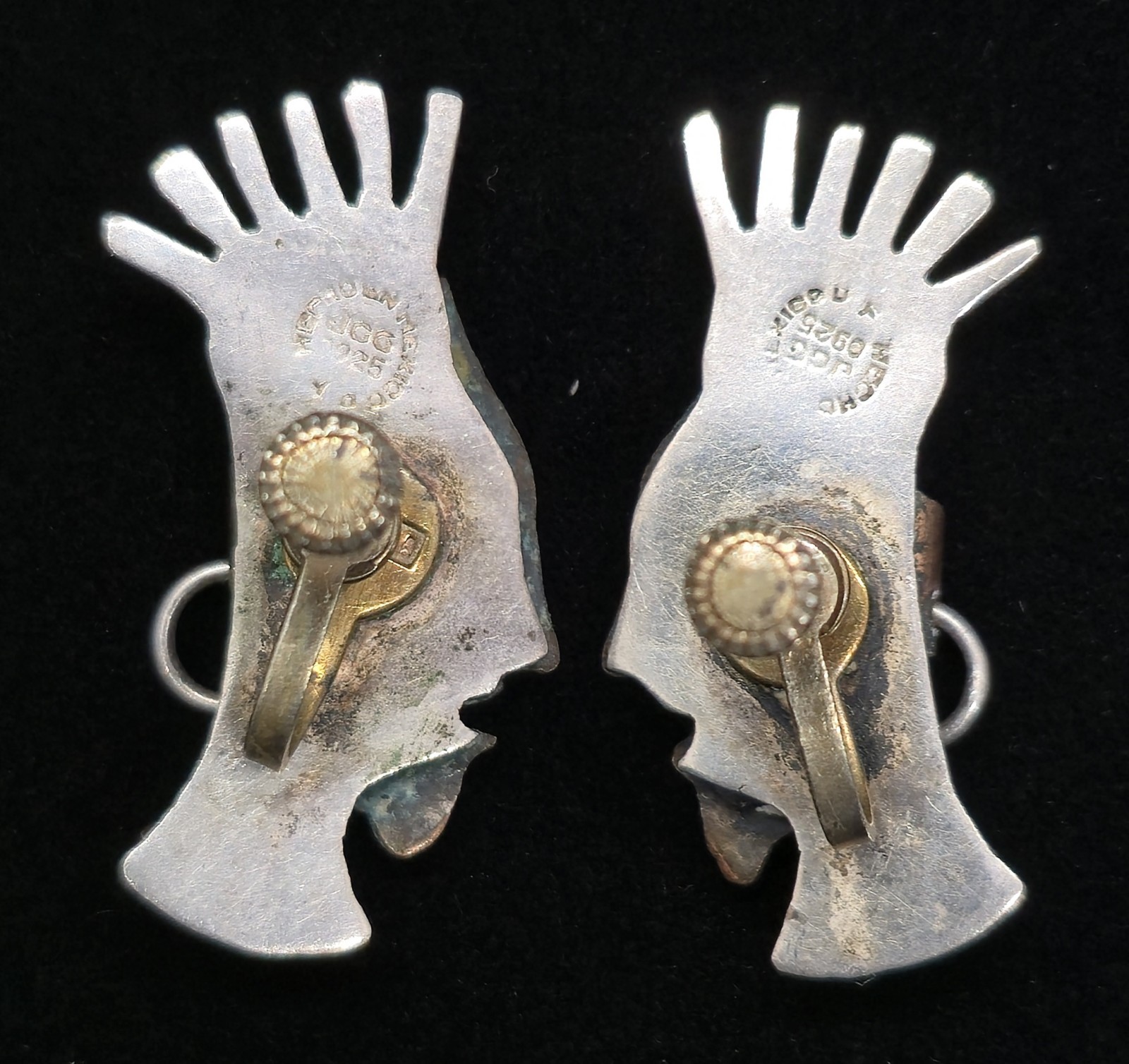 Vtg Mixed Metal Sterling Silver Taxco Mexico Signed Tribal Face Mask Earrings