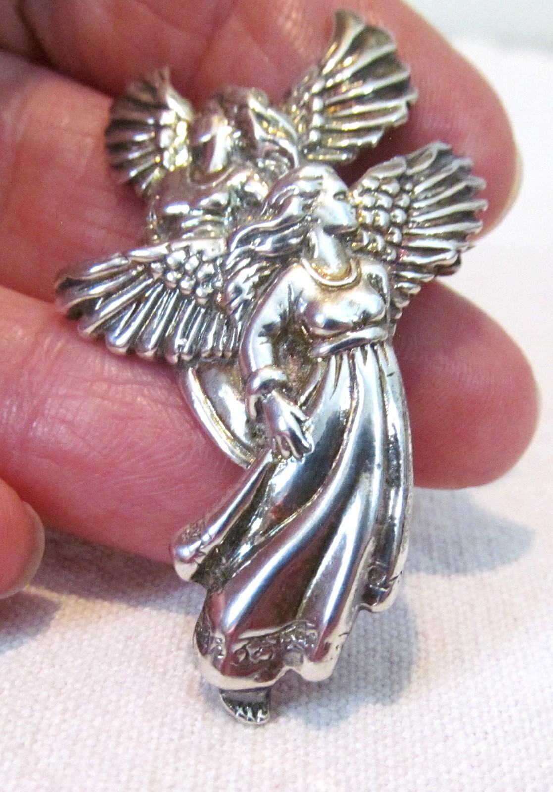 Vintage Shube Dimensional Angels Solid Sterling Silver Pendant Pin Brooch 2″long