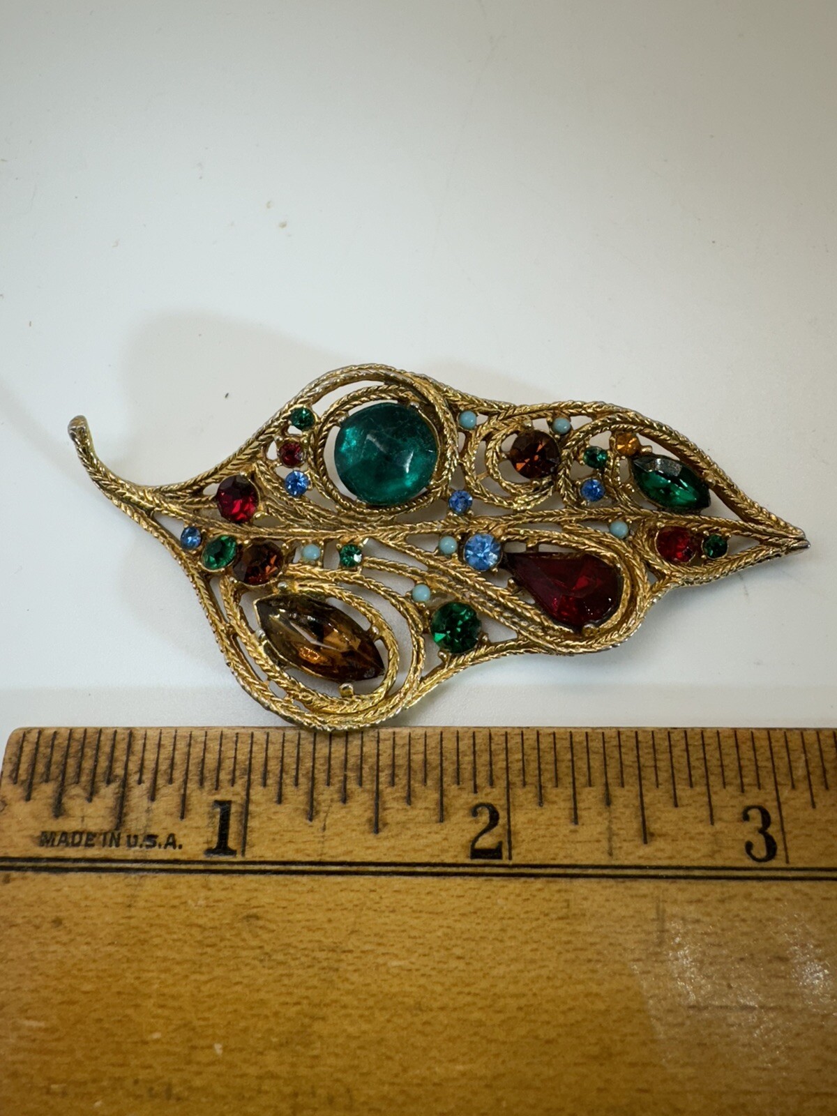 Vintage Leaf Brooch La Roco 50’s Gold Tone 3 1/2” Color Rhinestones Unsigned
