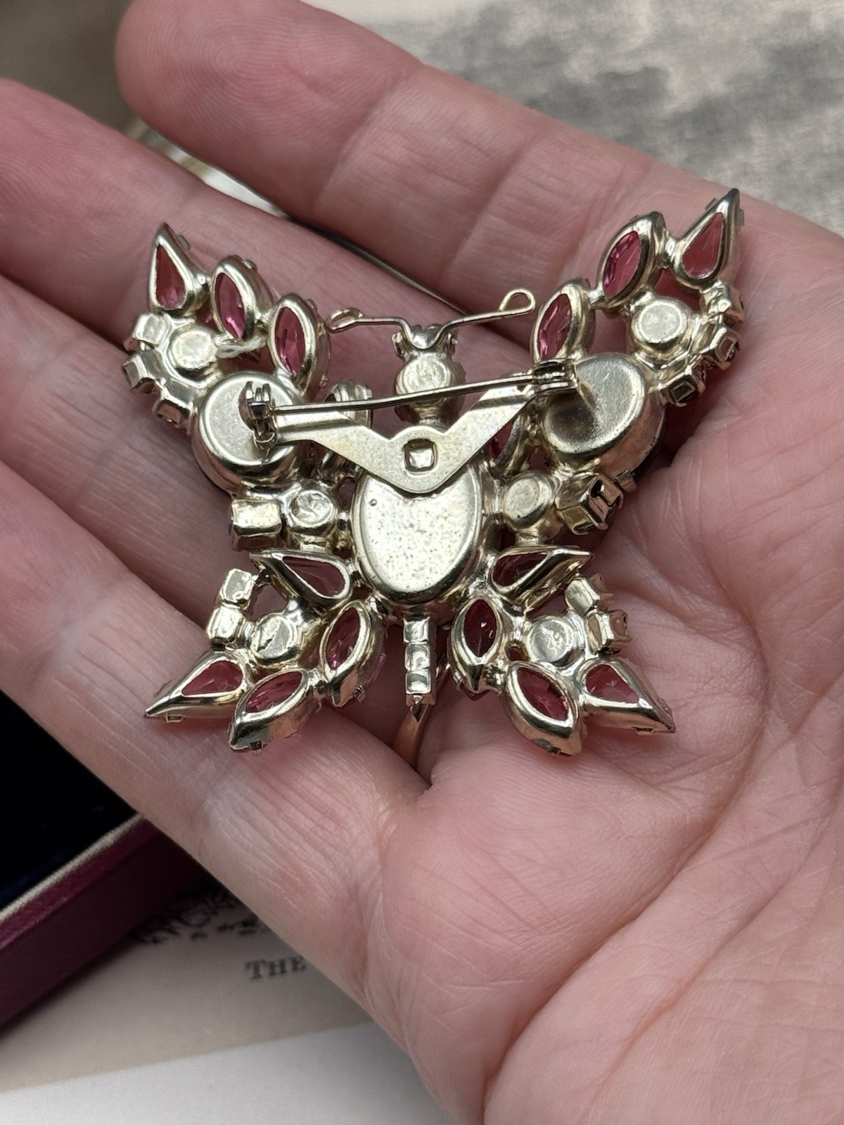 Vintage Butterfly Brooch Pink Red Rhinestone AB Crystal Goldtone Figural 2”
