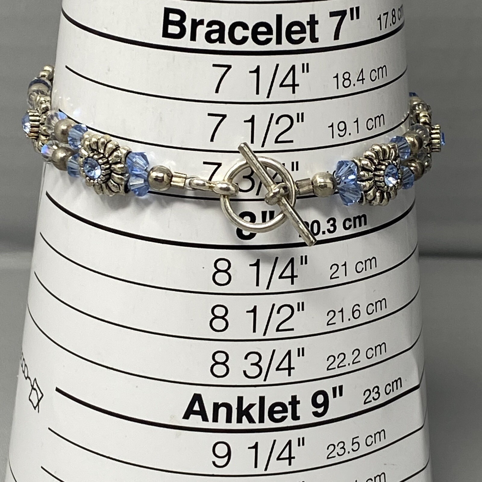 Flower Bracelet Silver Tone Metal Links Blue Glass Rhinestones Bicone Beads 7″