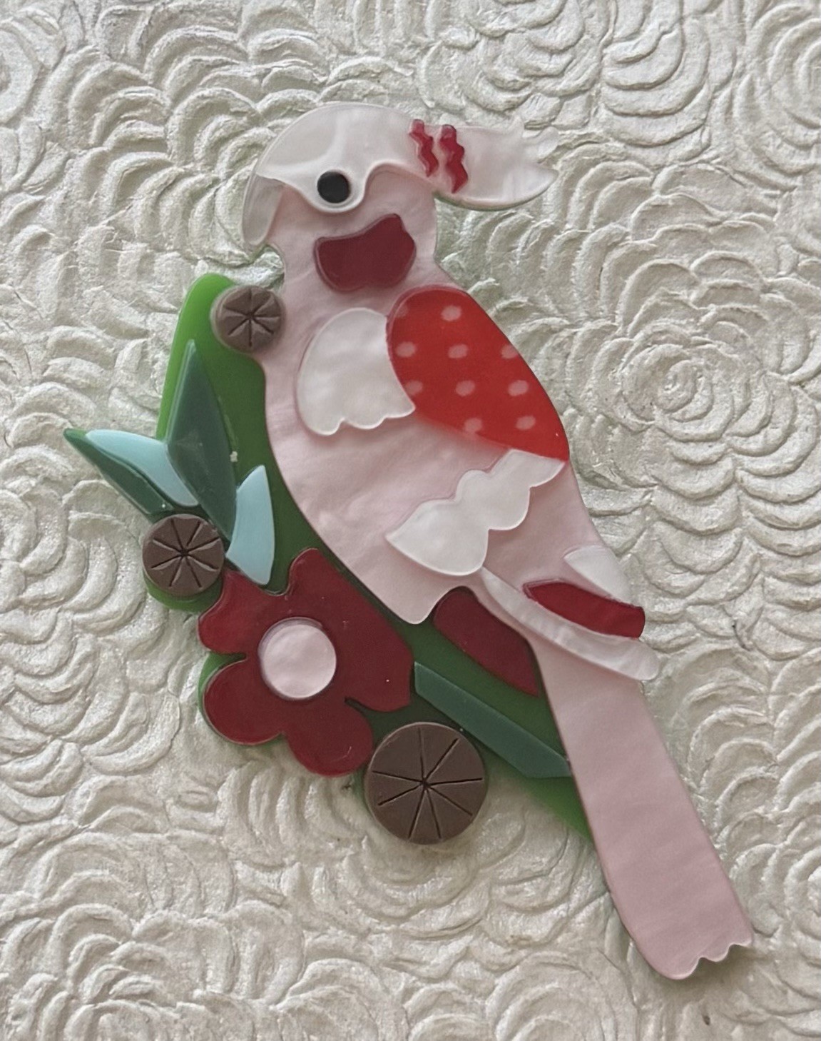 Vintage style parrot bird acrylic brooch pin