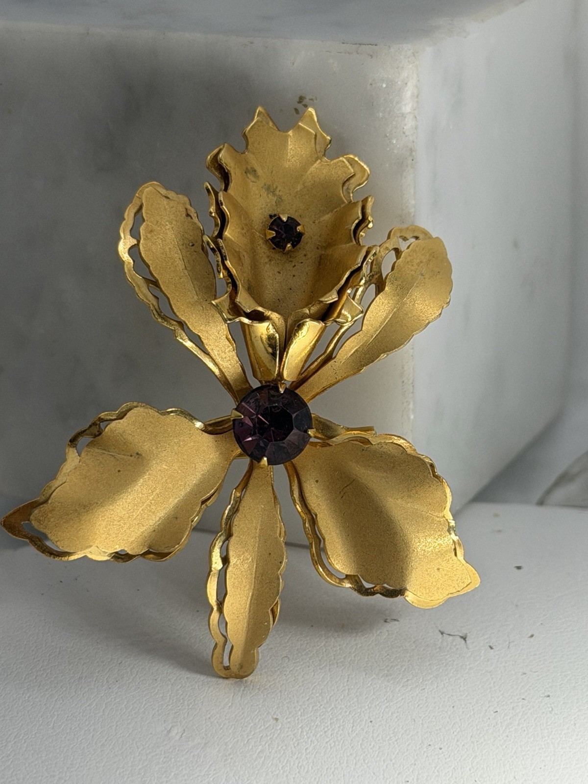 Vintage 3D Orchid Flower Pin Brooch Purple Rhinestones