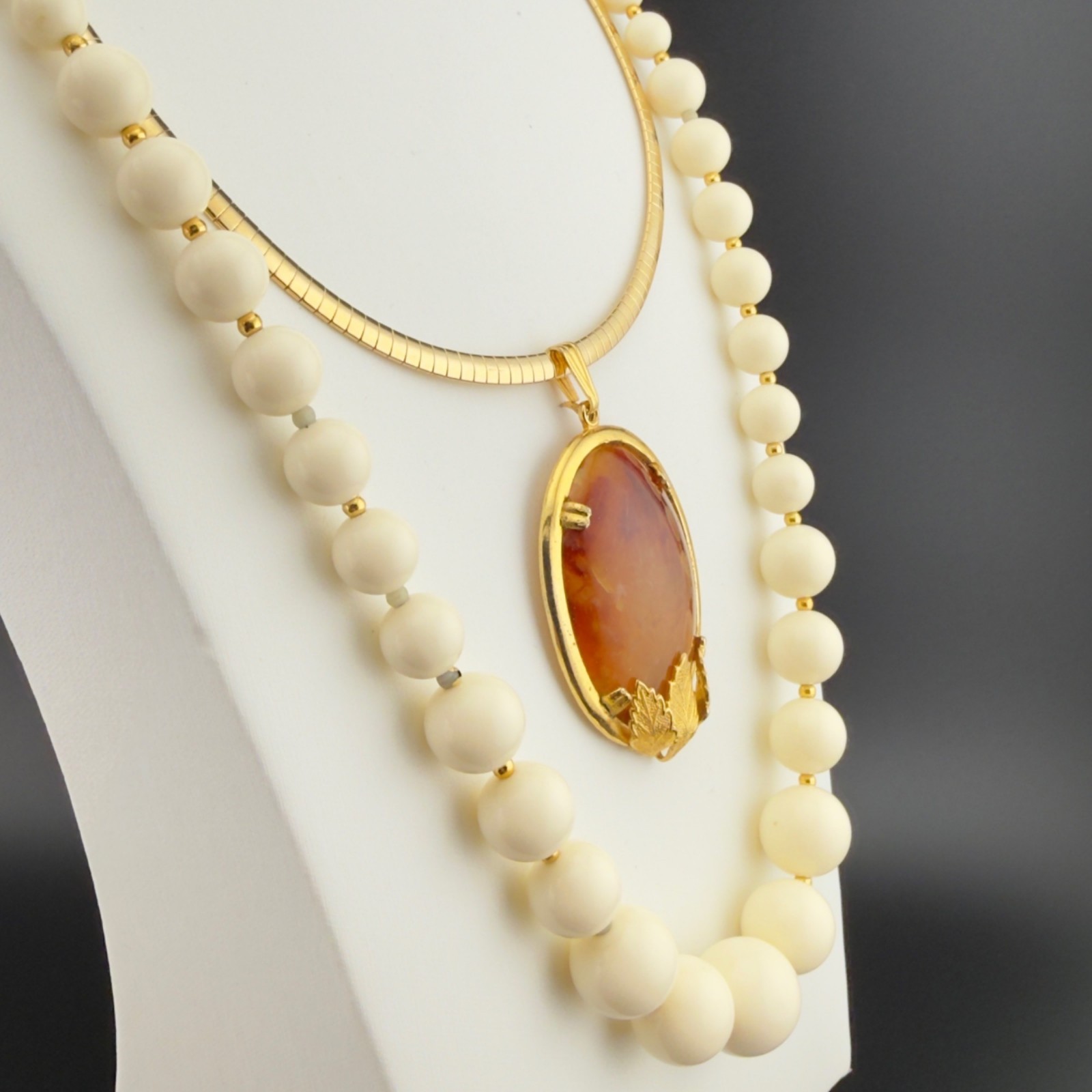 Vintage Glass Cabochon Pendant Necklace Set Orange Brown Beaded Gold Tone