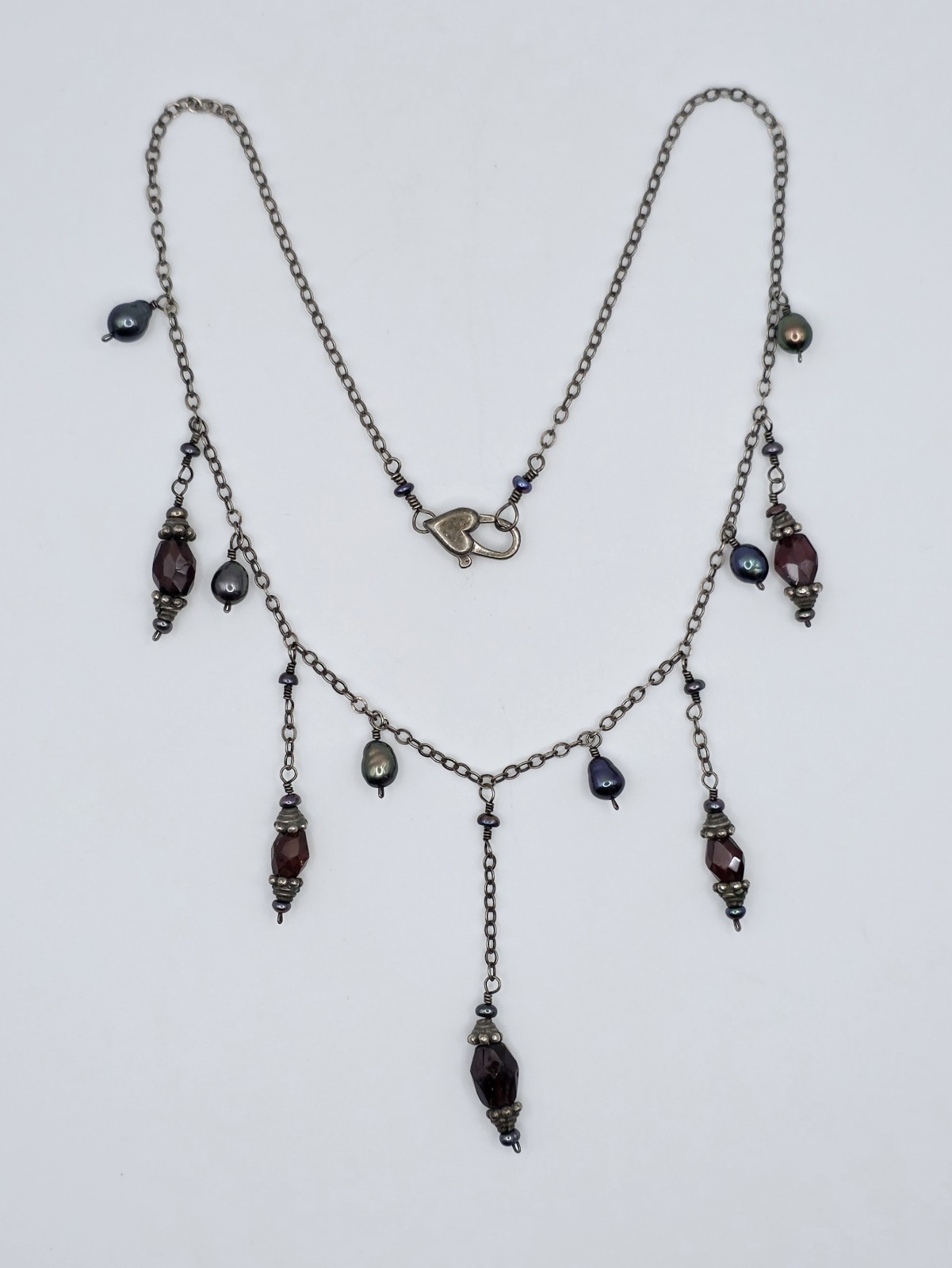 Vintage 925 Sterling Silver Garnet Pearl Festoon Dangle Necklace 15″ Choker