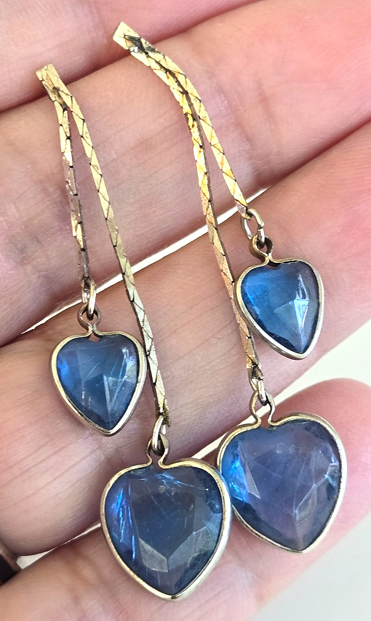 Vintage Blue Acrylic Crystal Heart Open Bezel Silver Tone Pierced Earrings 2″