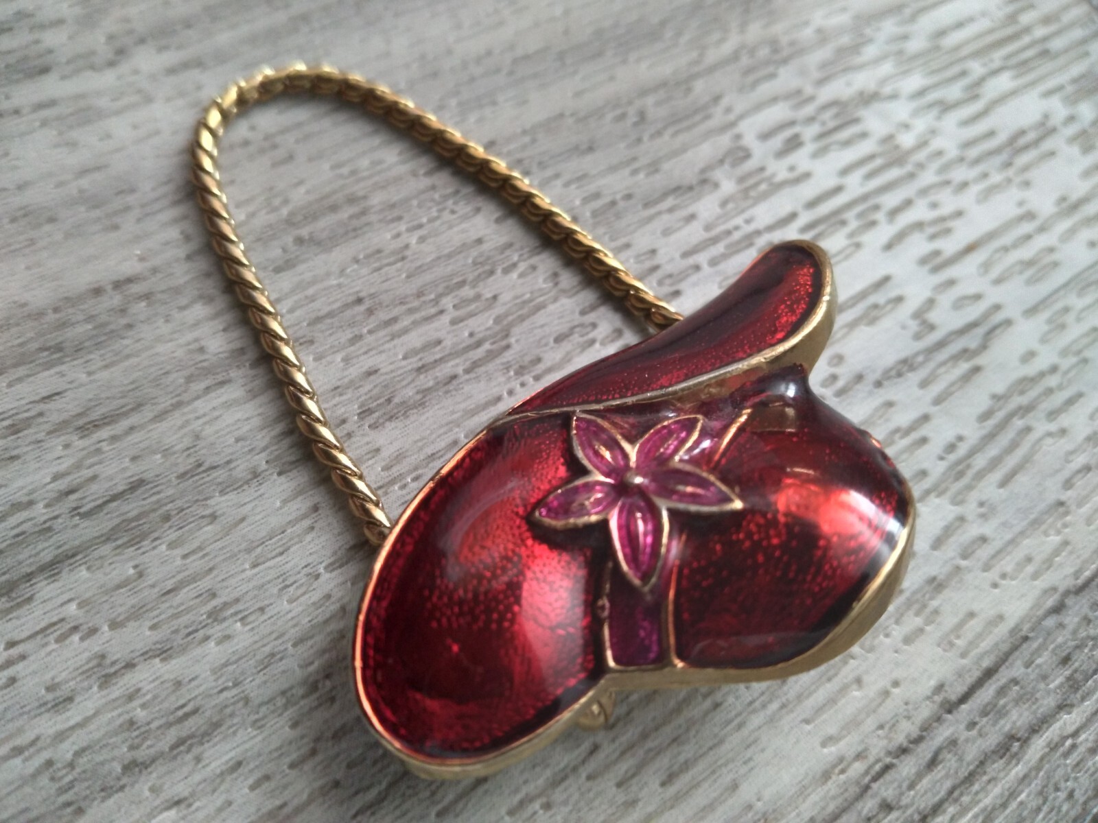 Vintage Red Enamel Hat Brooch Pin Gold Tone 1950s Flower Gold Tone