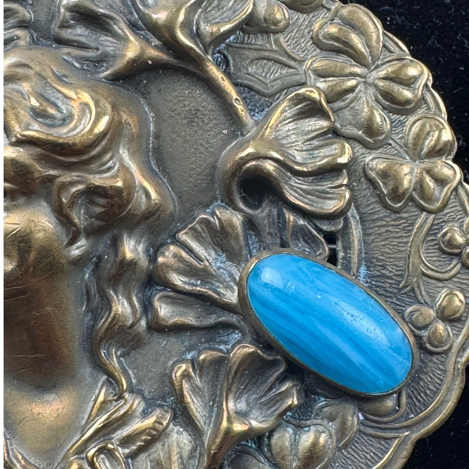 VTG Art Nouveau Revival Repousse Maiden Sash Pin Brooch Ginkgo Faux Turquoise
