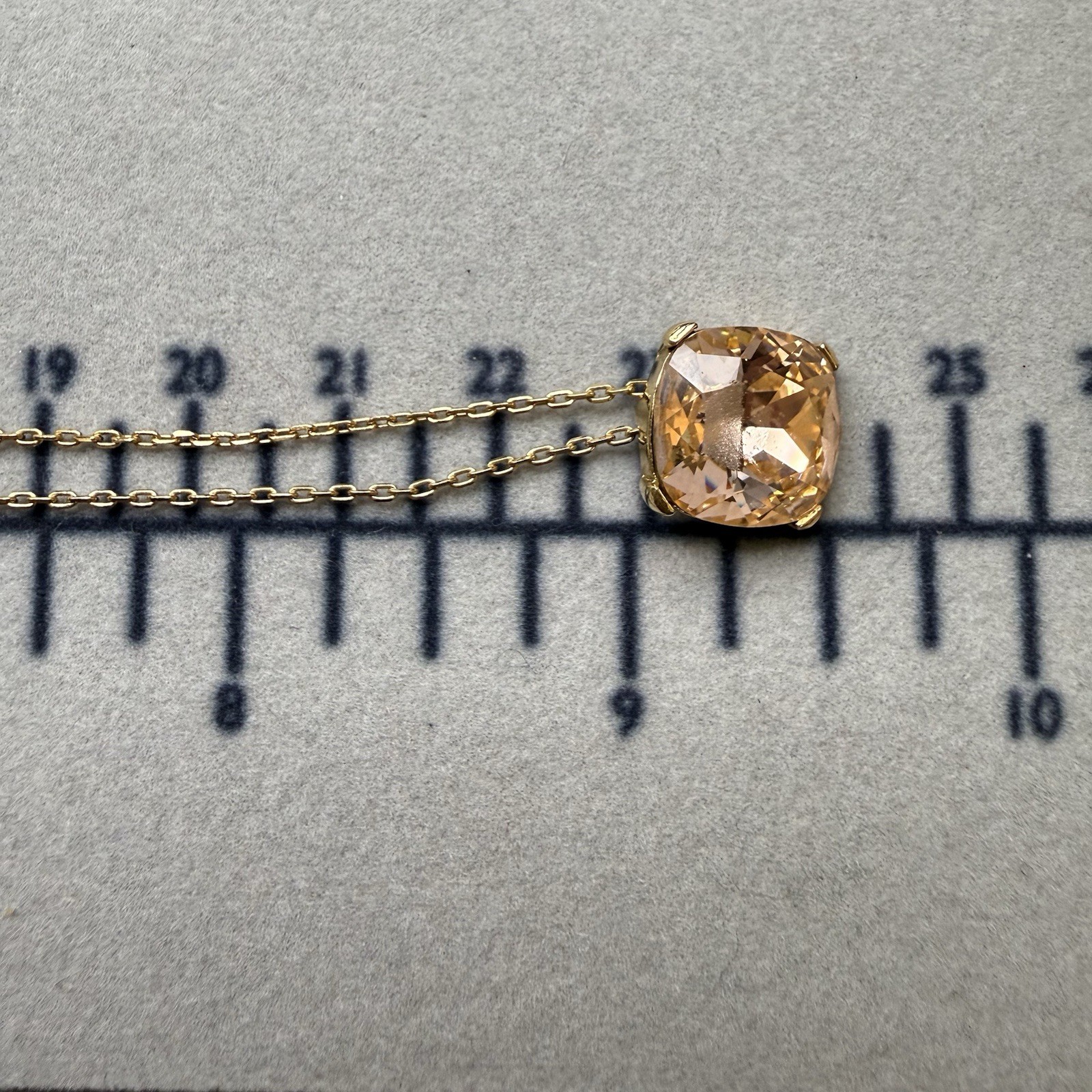 Gold Tone Blush Champagne Cushion Cut Crystal Pendant Necklace Modernist Sparkle