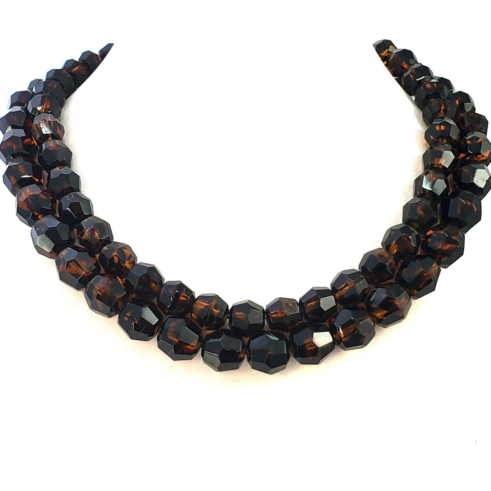 JONNE Faux Tortoise Shell Faceted GLASS Bead Necklace 2 Strand Gold Tone 15″-17″
