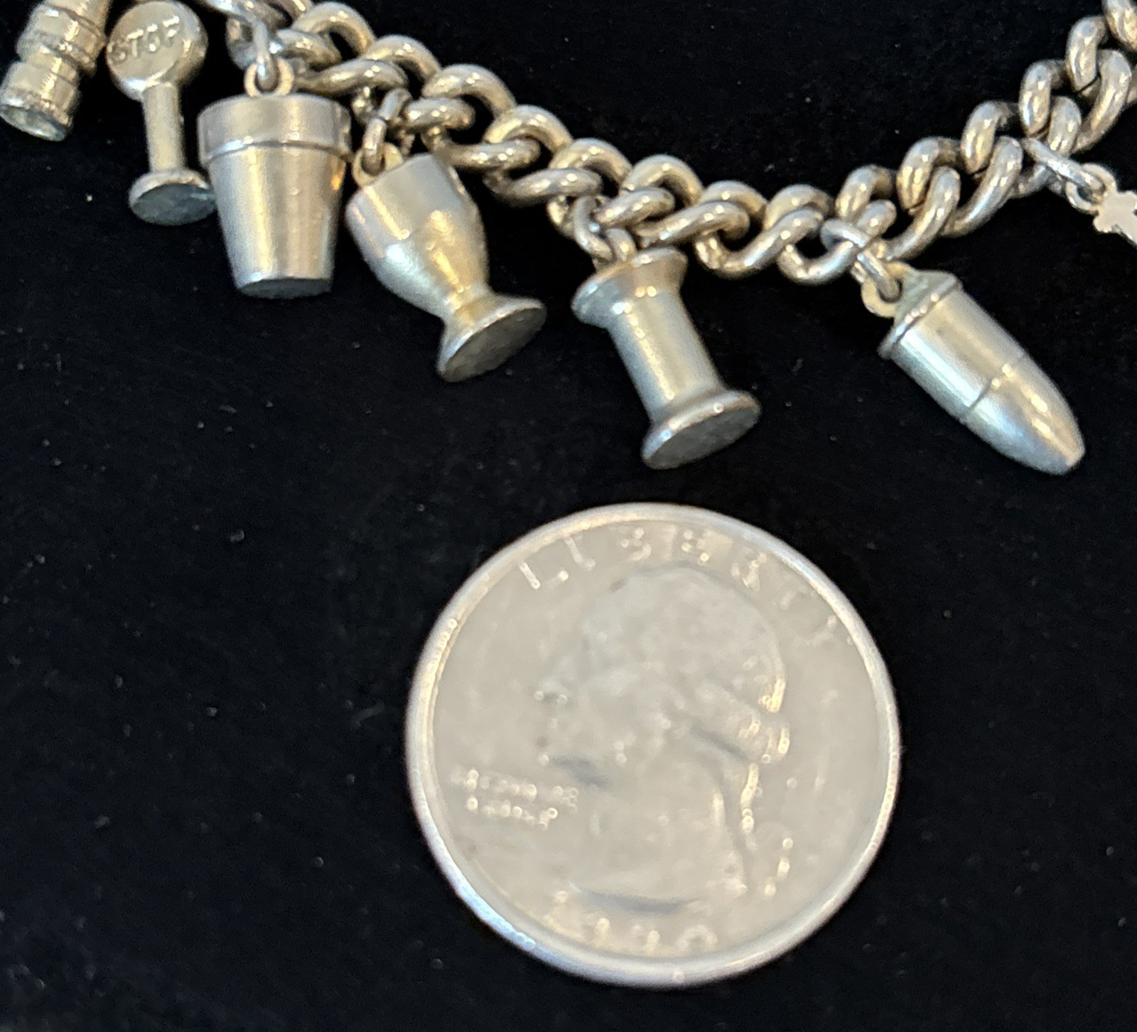 Vintage Signed Enco Silver Tone 15 Charm 6 3/4″ Bracelet Costume Jewelry 1960s