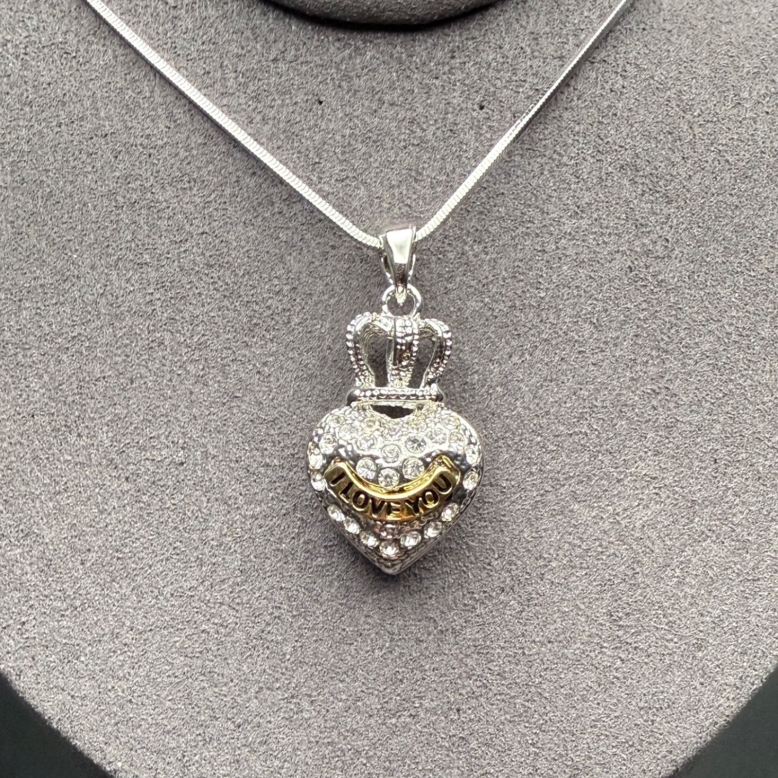 Rhinestone Crown Heart Silver & Gold Tone I LOVE YOU Pendant Necklace Y2K 2000s