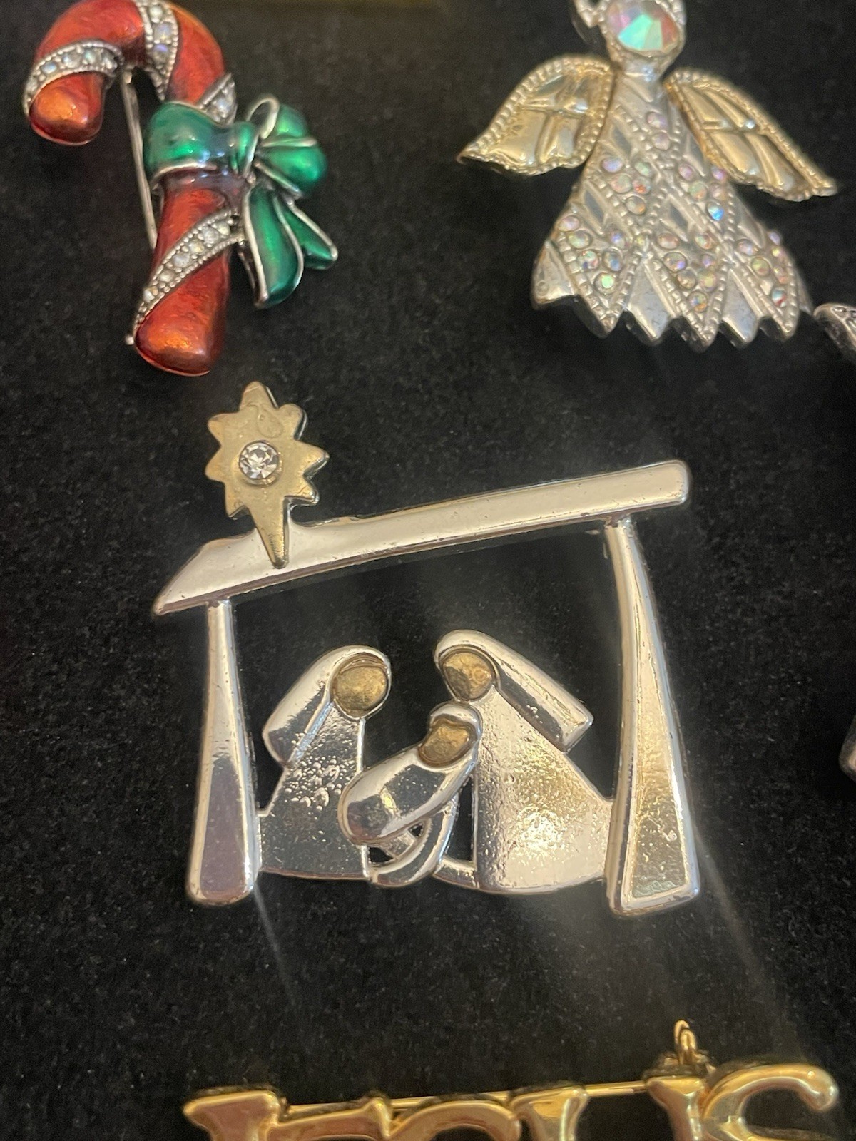 VTG Christmas Brooch Pin Lot ENAMEL RHINESTONE Santa Angel Cane Wise Men Noel