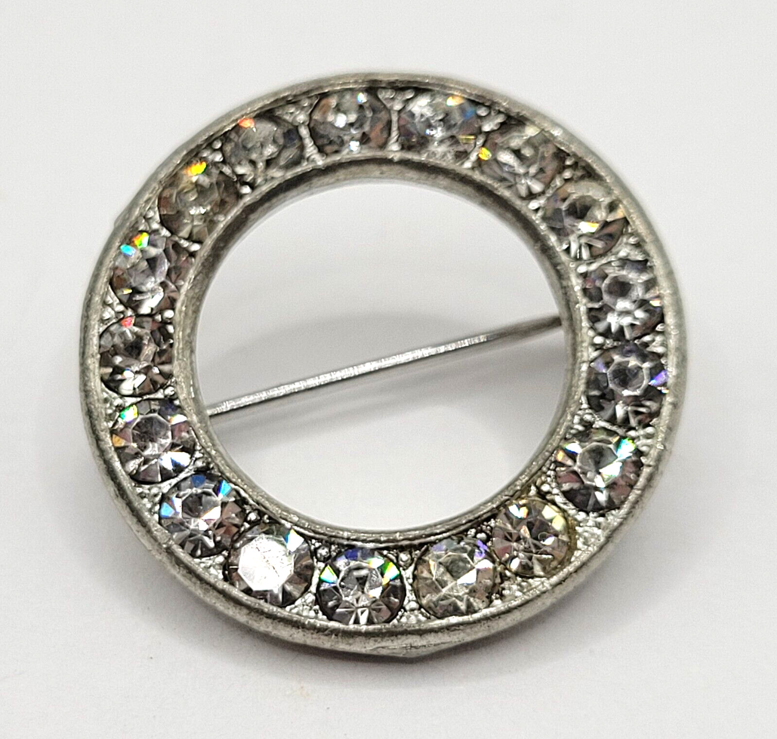 Sparkly Rhinestone Ring Circle Silver Tone Scatter Scarf Brooch Pin Vtg 1970s