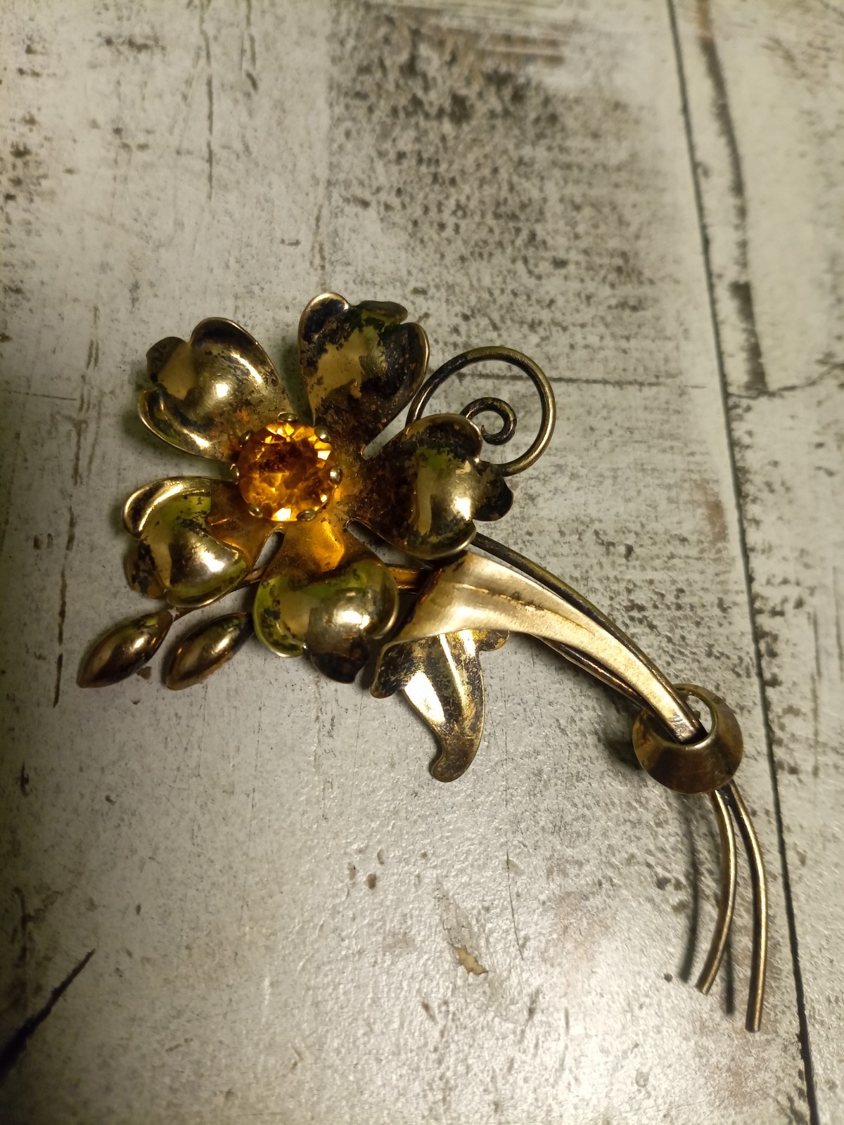 Gold Over Sterling Silver 1930’s-1950’s Broach Pin With Orange Unknown Gemstone!