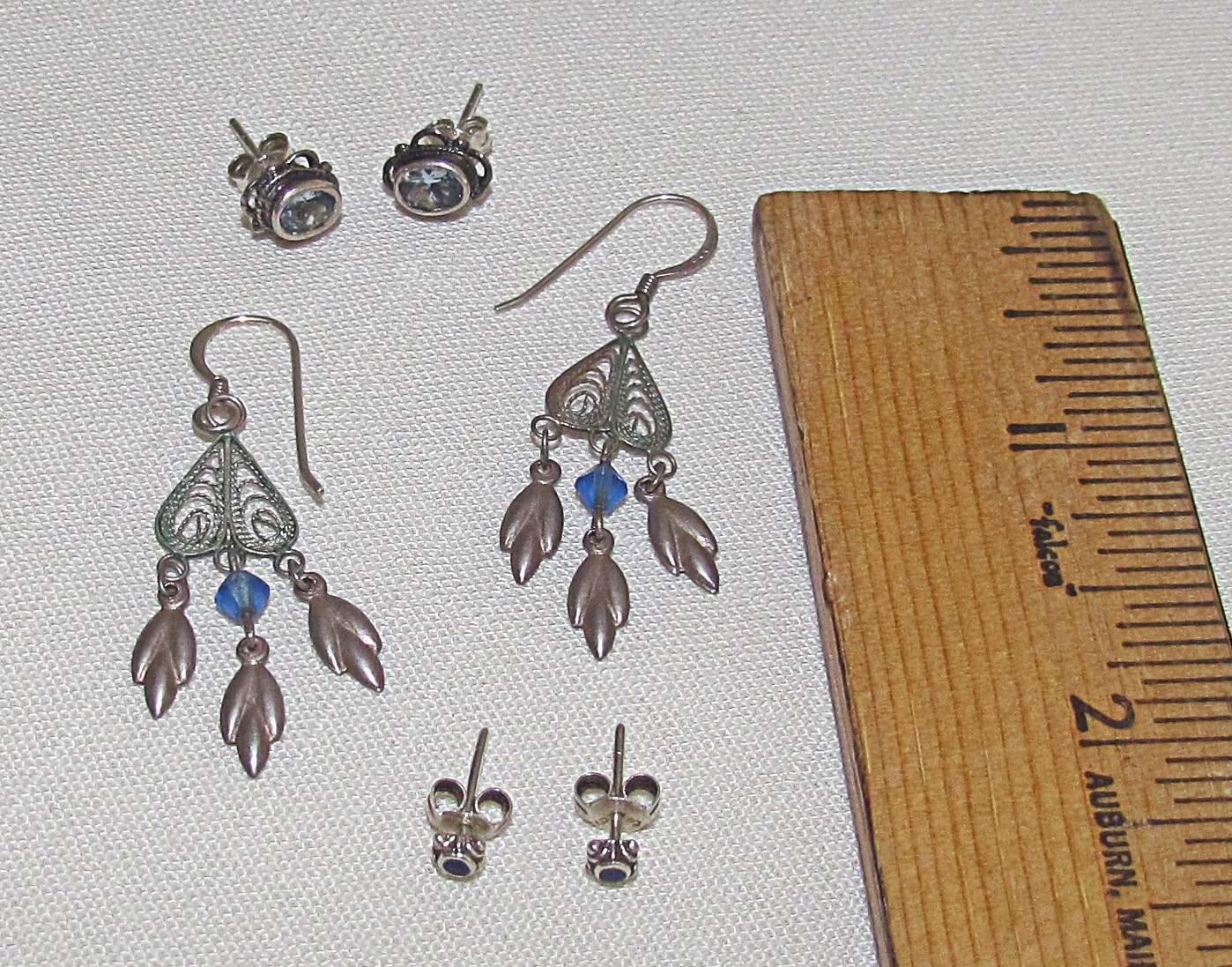 3 Pair Vtg Blue Stone Bead & Sterling Silver Stud Post & Dangle Drop Earrings
