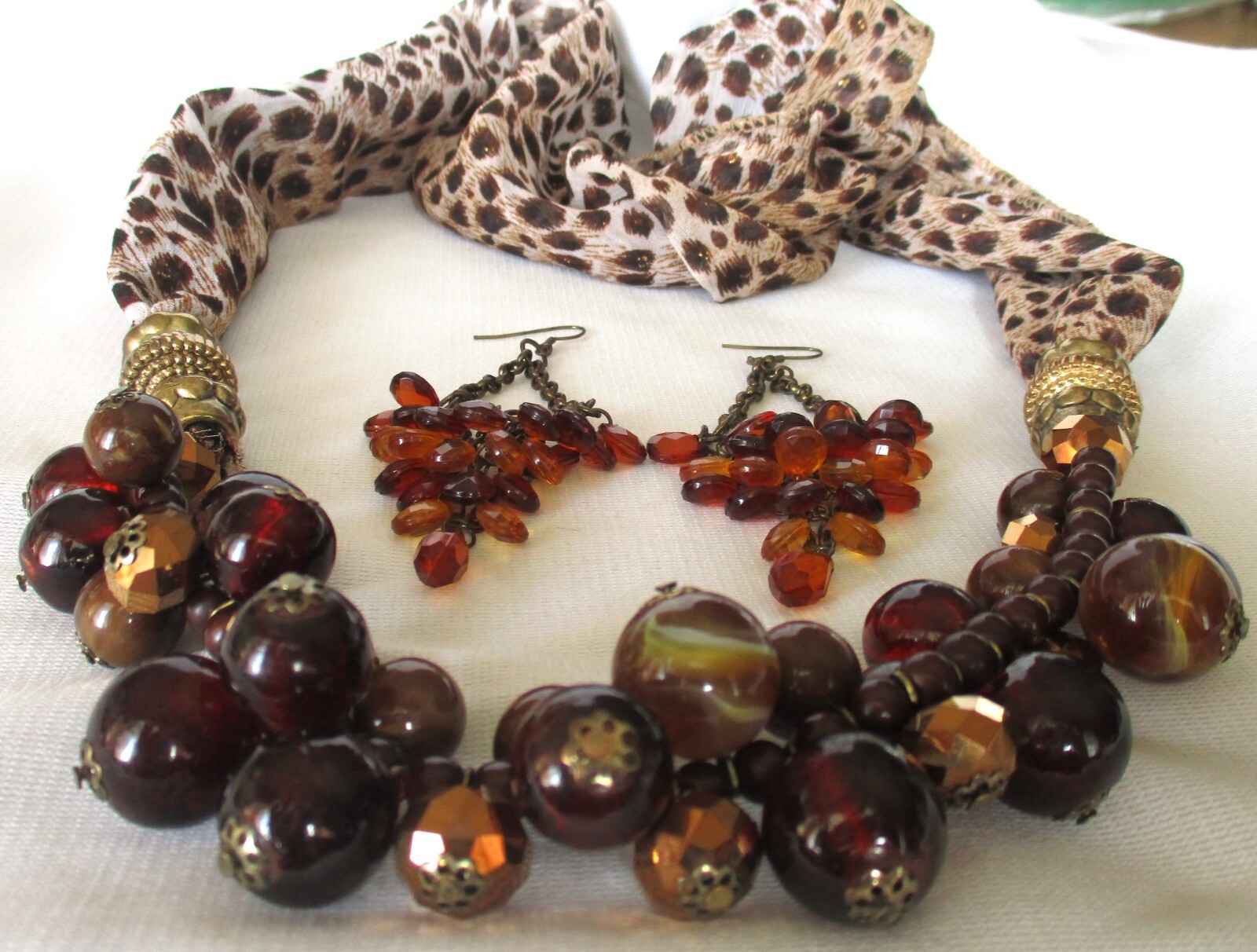 Elegant Golden Brown Aurora Crystal & Acrylic Bead Necklace & Pierced Earrings
