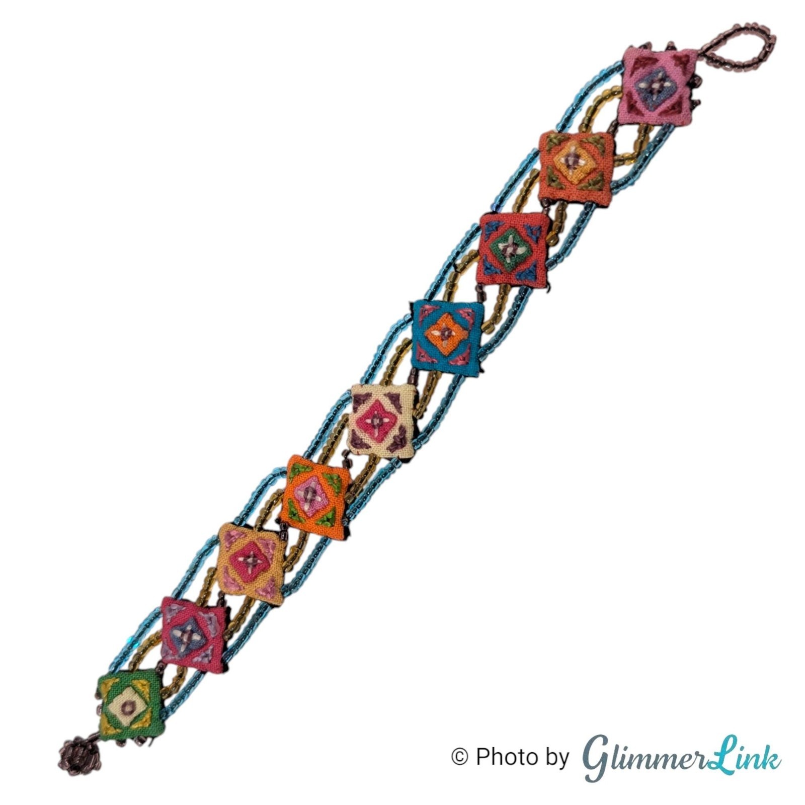 Vintage Beaded Bracelet Embroidered Textile Panels Boho Multicolor