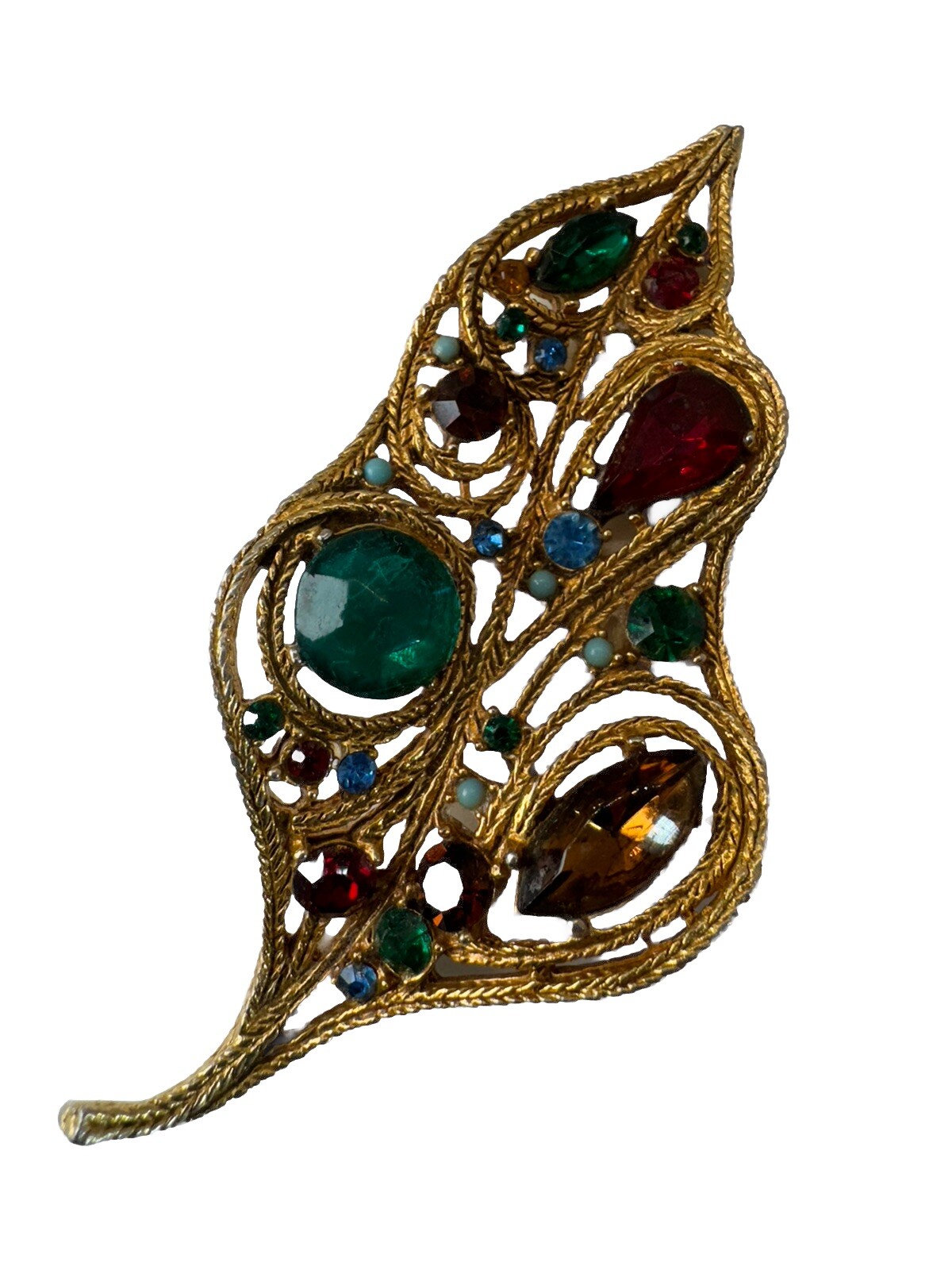 Vintage Leaf Brooch La Roco 50’s Gold Tone 3 1/2” Color Rhinestones Unsigned