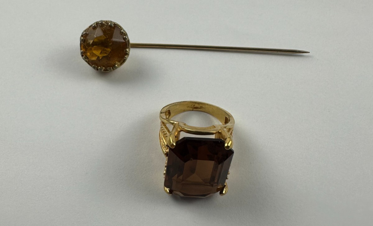 Vintage Amber Emerald Cut Cocktail Ring and Lapel Pin