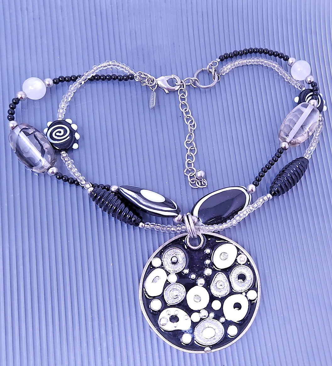 Vintage Treska Multicolor Black White Silver tone Statement Necklace 19″
