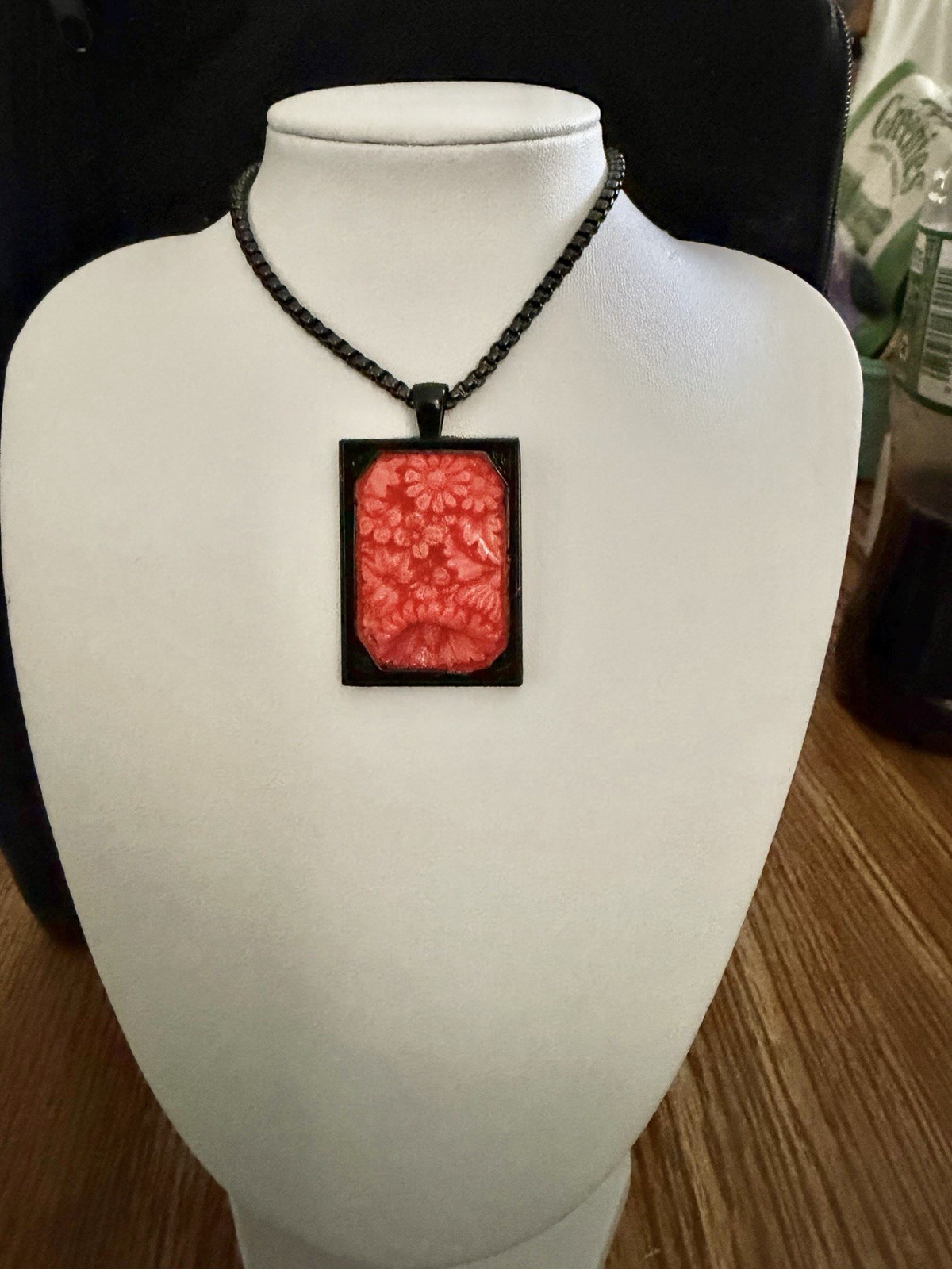 Art Deco Upcycled Bohemian Molded Coral Flowers Glass Black Rim Pendant Necklace