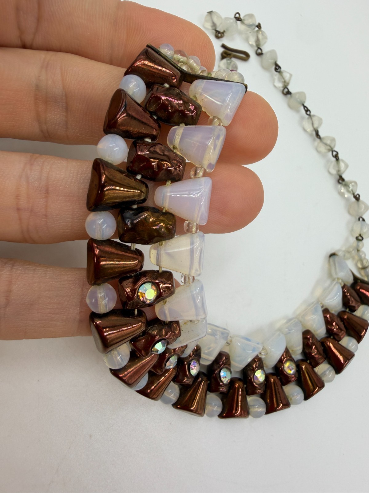 Vintage Necklace Western Germany Glass Collar Coppery Brown White PJ