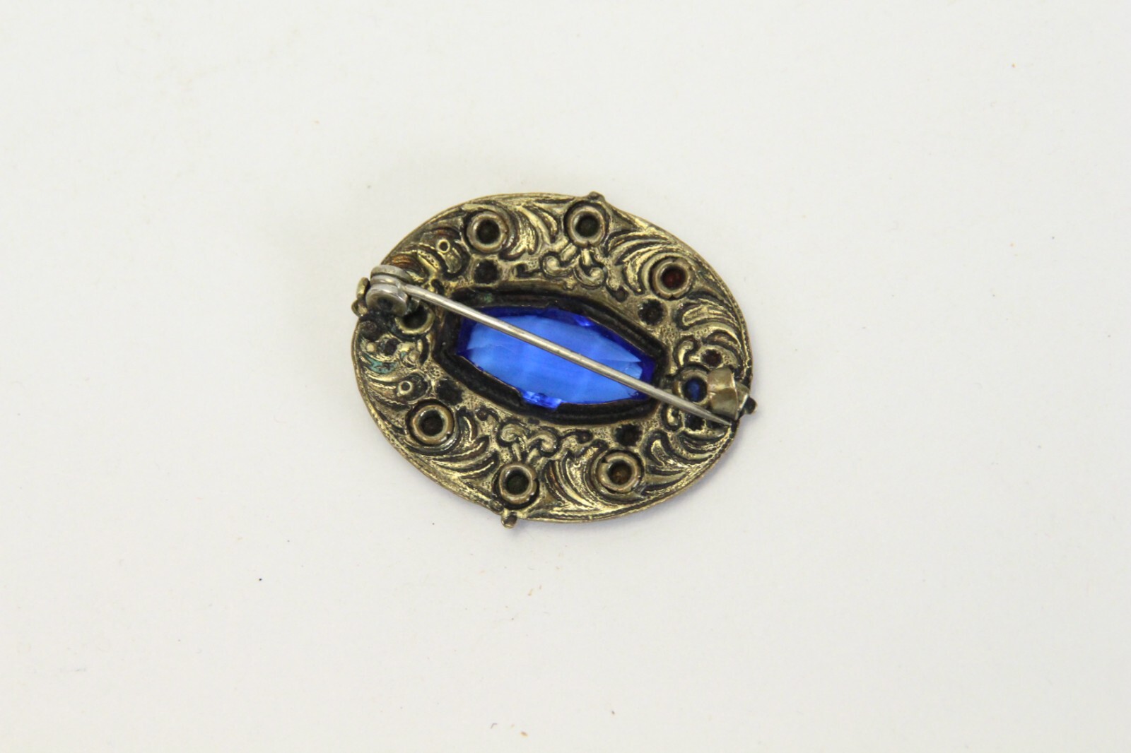 Czech Glass Goldtone Filigree Brooch Art Nouveau Blue Lozenge Fruit Salad