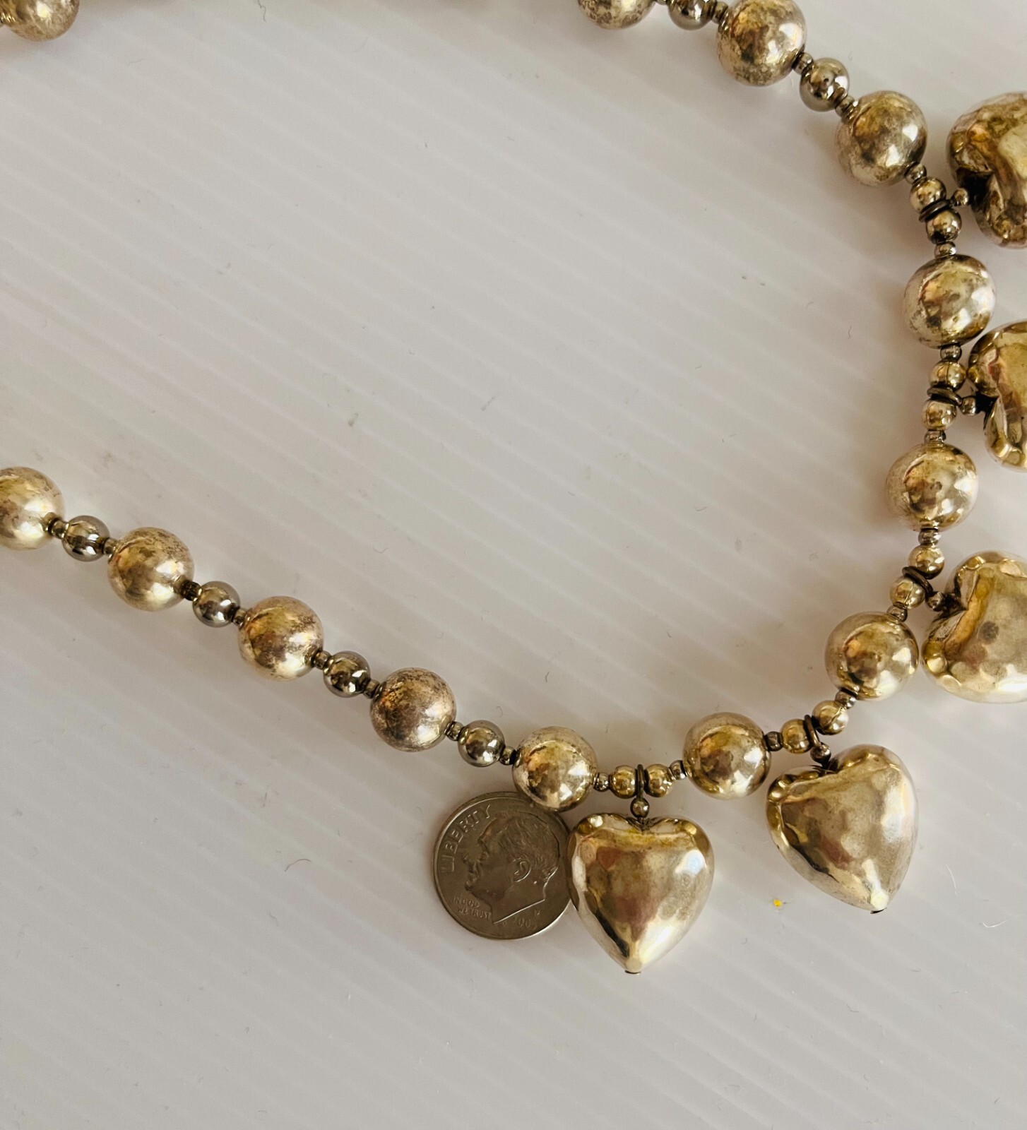 Vintage 1980s Puffy Hearts Beaded Station Silver Tone 16″ Necklace