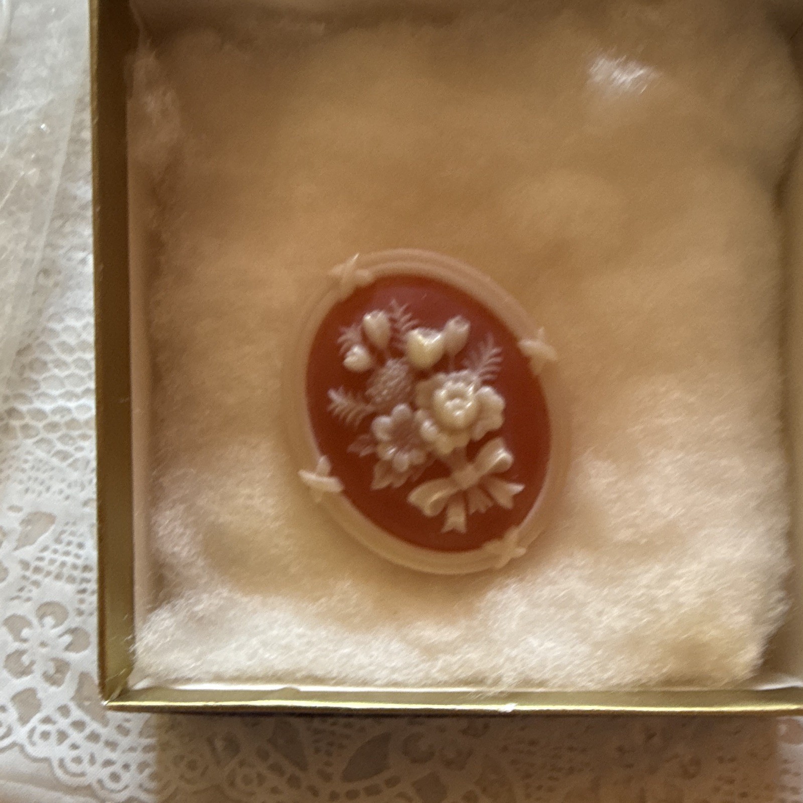 Oval Floral Cameo Brooch Pin, Orange & White Plastic, Flowers & Plants Theme