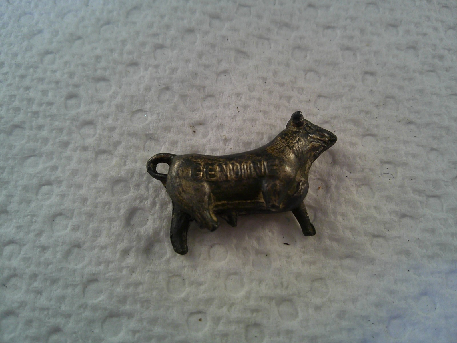 Genuine Metal Cow marked BULL OUR HAM has two broken legs RARE UNIQUE
