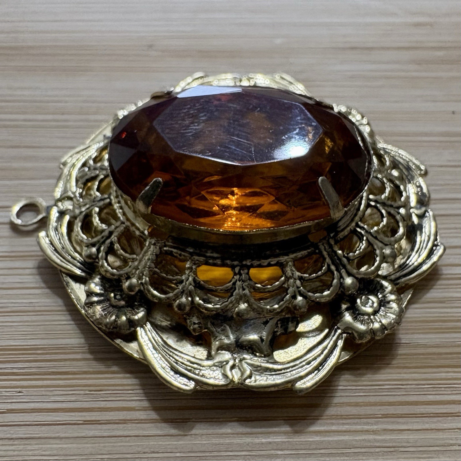 Vintage Victorian Revival Filigree Pendant Honey Amber Glass Gold Tone Ornate