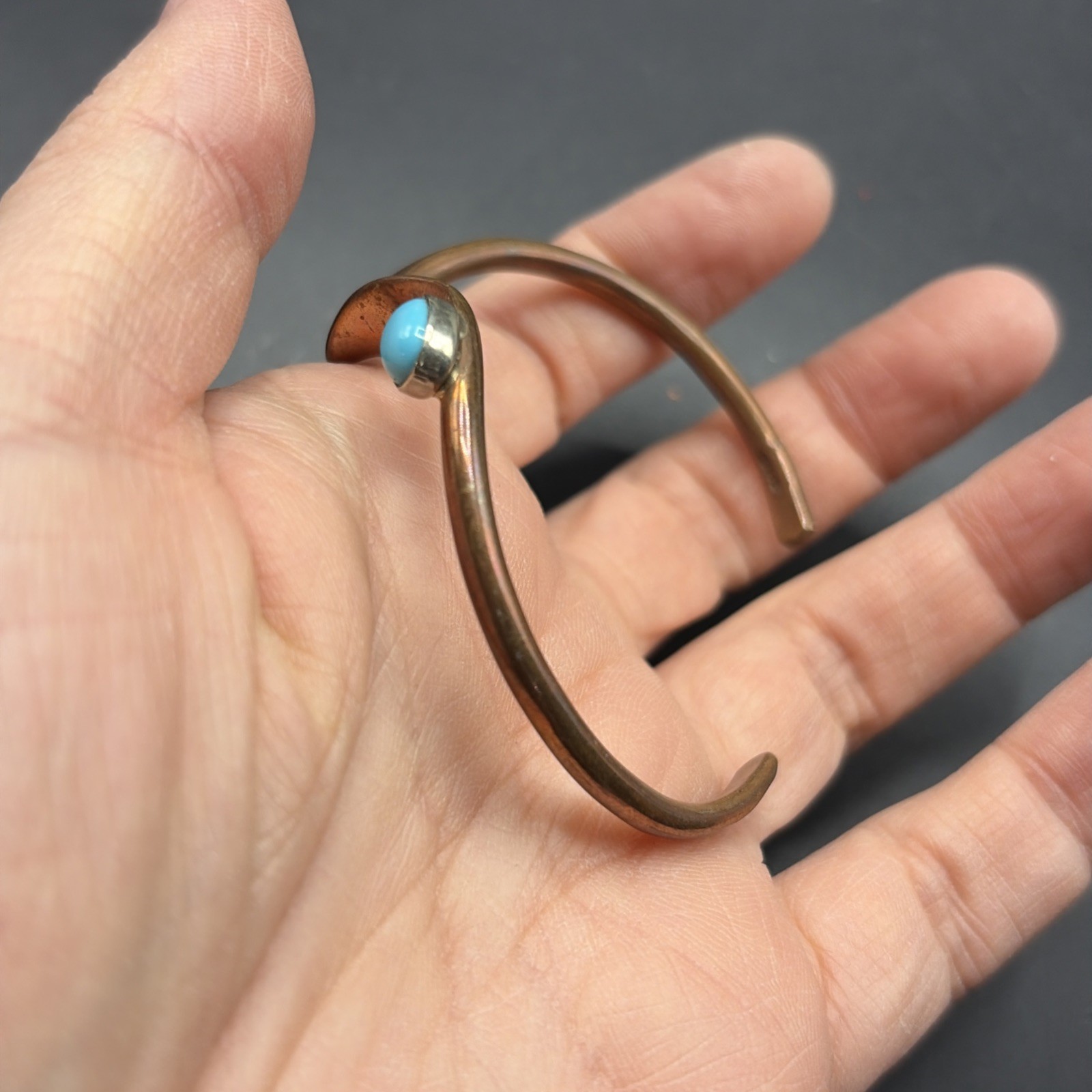 Vintage Copper Brass Turquoise Bracelet Cuff 2.5”W Wave Southwest Skeets Signed