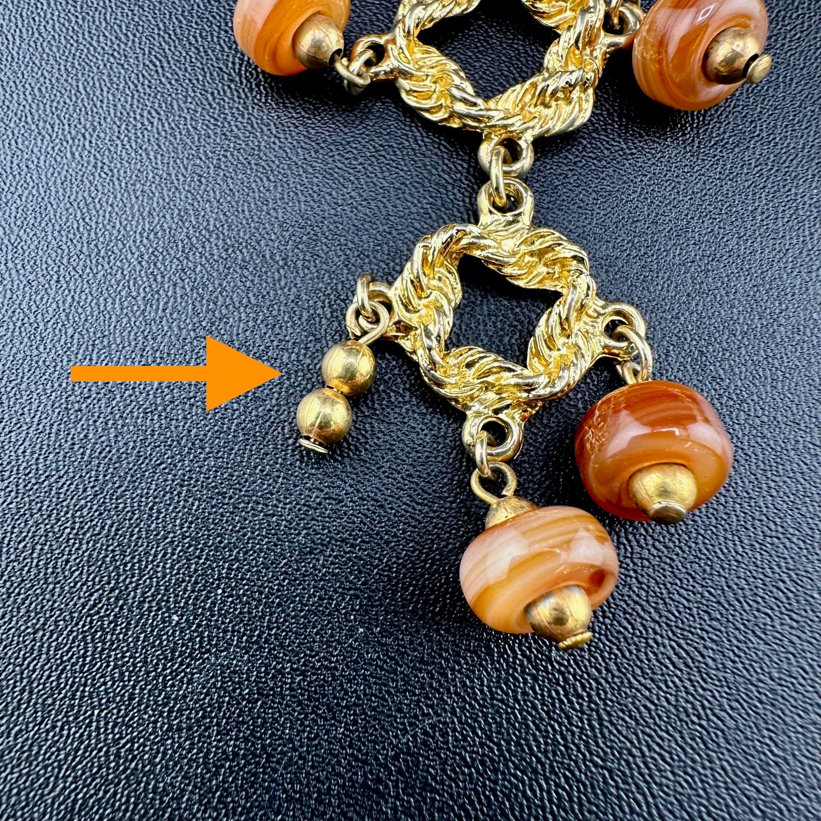 Vintage Statement Necklace Bib Fringe Hammered Gold Tone Link Agate Bead Dangles