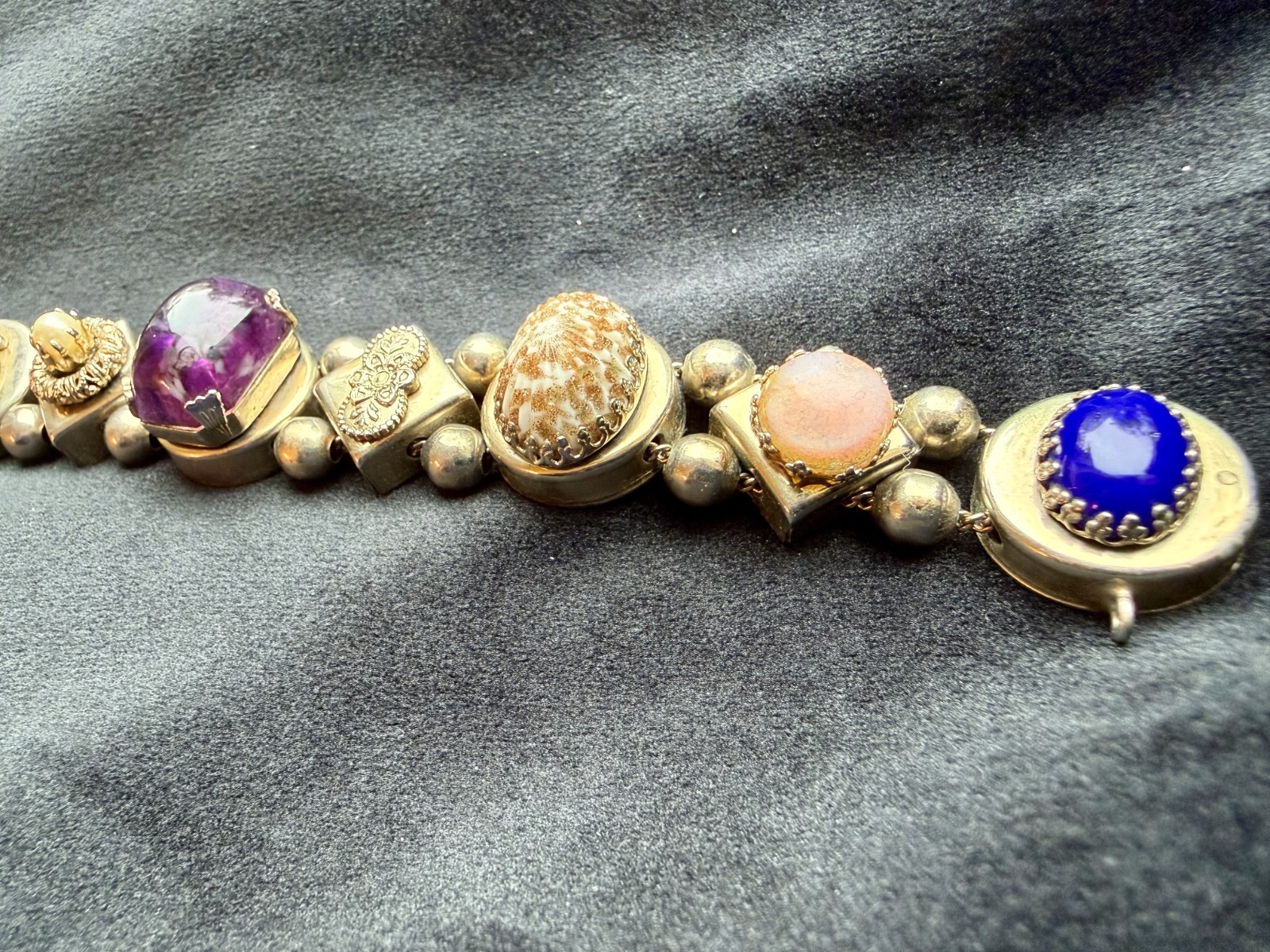 Victorian Revival Slide Bracelet with Gemstone and Shell Charms Vintage 7.5″