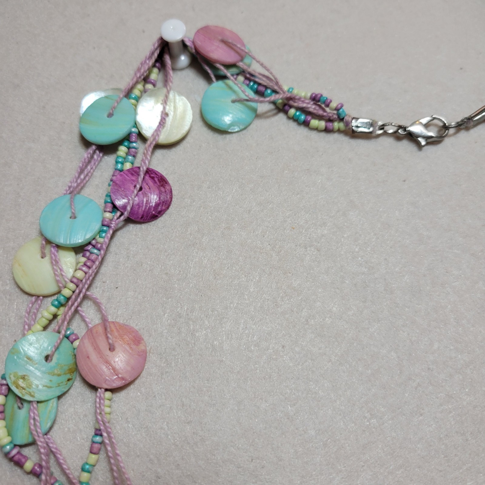 Vintage Pastel Shell & Beads Layered Necklace Pink Blue Green Ocean Boho Mermaid