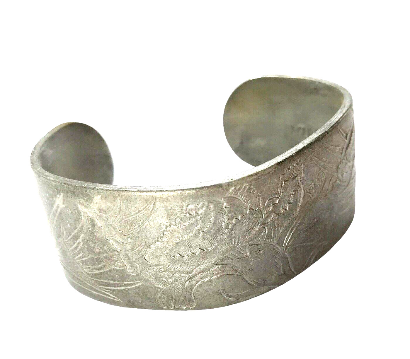Vintage Cuff Bracelet Salisbury Pewter January Flower Birth Month Etched Metal
