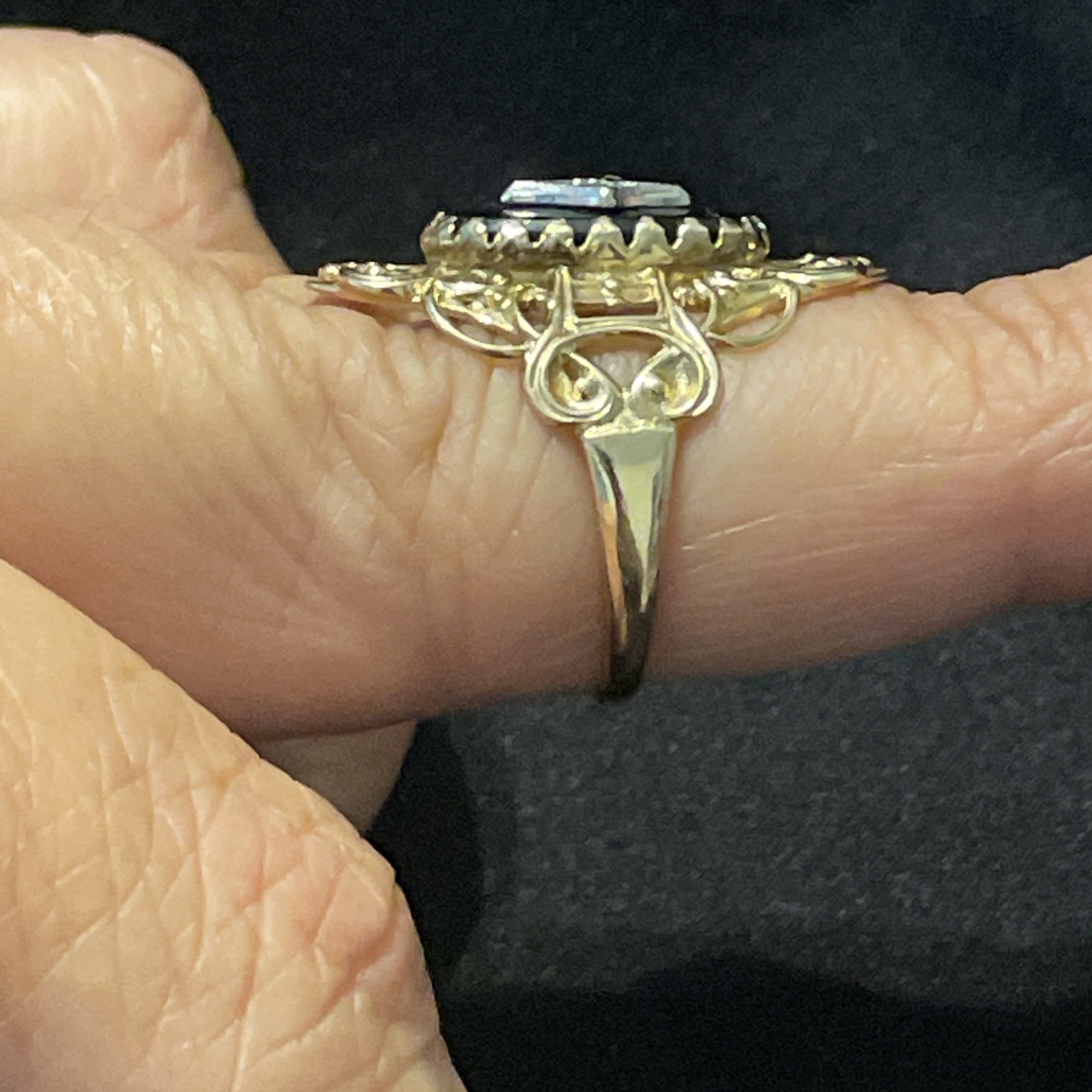 Vintage PSCO 10K Gold Black Onyx Diamond Filigree Lace Cocktail Ring Size 7