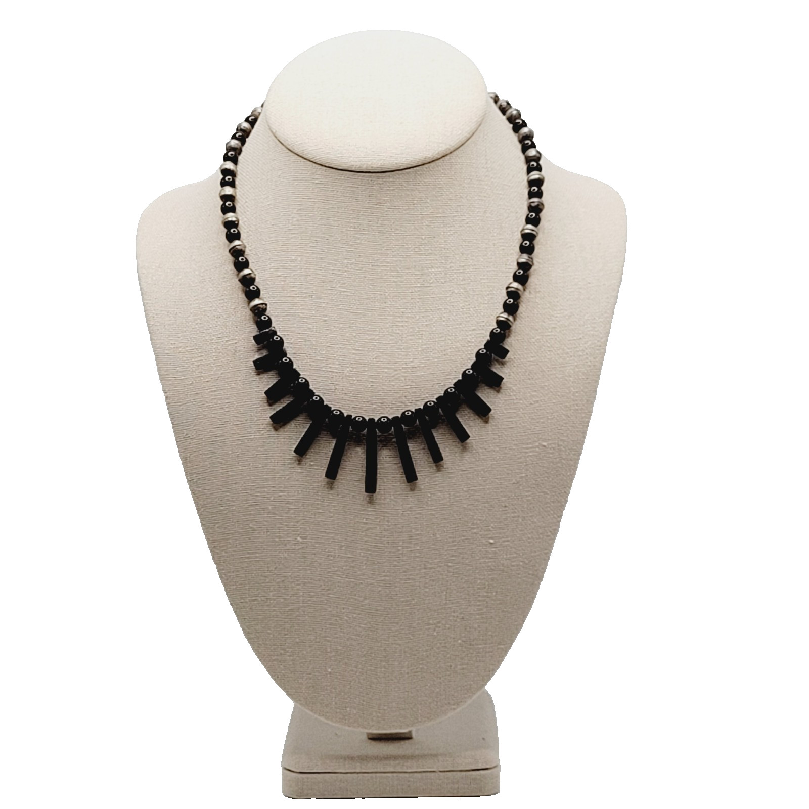Southwestern Artisan Black Onyx Silver Tone Bead Bib Fringe Vtg Necklace 18 Inch